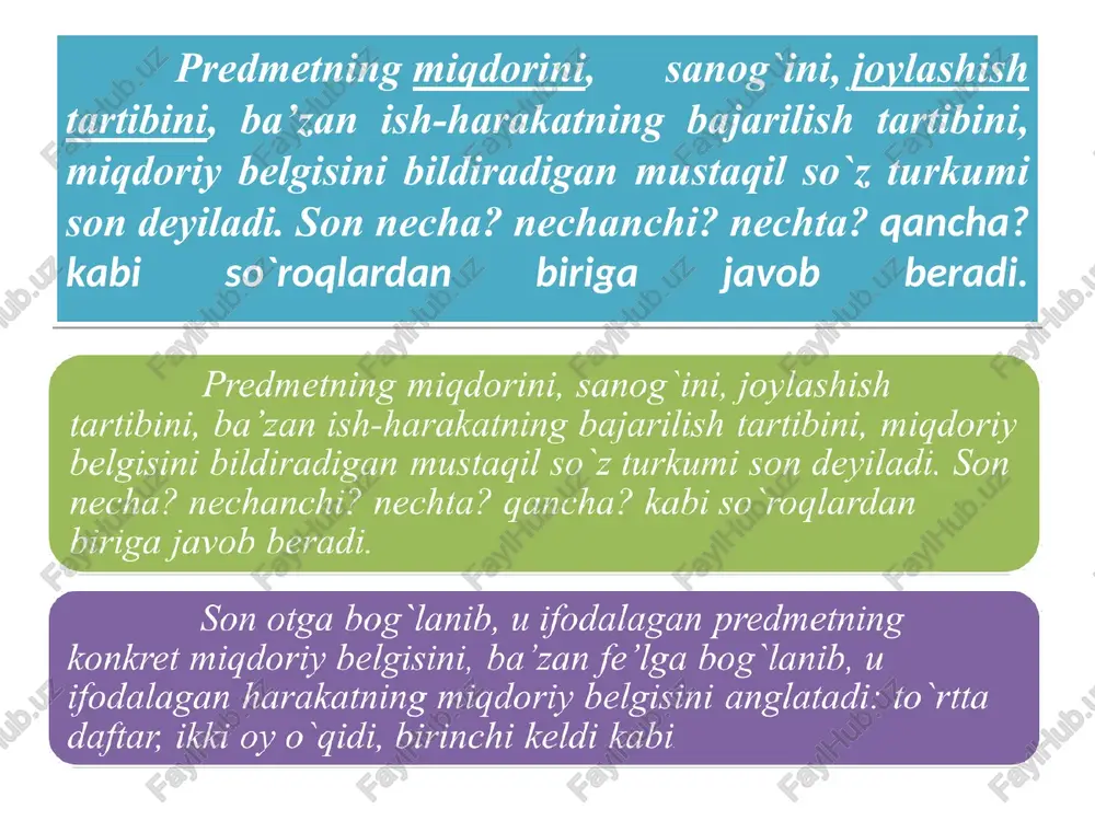 ini ifodalaydi: kemaga tushganning joni bir (maqol). odamning tili bilan dili bir bo`lsin. sonlarning otlashishi. son bog`lanib kelgan ot qo`llanmaganda, otga qo`shilib kelgan so`z o`zgartiruvchi affikslar, ya’ni egalik, kelishik hamda shakl yasovchi ko`plik affiksini olishi mumkin. bunday morfologik jihatdan o`zgargan son otlashgan son sanalib, gapda ot bajargan ega, to`ldiruvchi, qaratqich-aniqlovchi, kesim kabi sintaktik vazifalarni bajaradi: birov tosh, birov gul, o`z joyida ikkovi ham yaxshi (shukrullo). bilagi zo`r birni yiqar, bilimi zo`r mingni. (amir temur o`gitlari). o`nning yarmi besh. otlashgan son fikrni stilistik jihatdan ixcham obrazli ifodalashi uchun xizmat qiladi. (maqol, matal, aforizmlarda ko`p uchraydi) sonning hamma turlari ham morfologik jihatdan o`zgarmaydi (chama son – tacha, -lab, -lar kasr songa qo`shilmaydi). savol va topshiriqlar: 1.qanday so`zlarga son deyiladi? 2.sonning nomini bildiradigan sonlar qanday qo`shimchalarni olishi mumkin? 3.narsa-buyumlarning son-sanog’ini bildiradigan sonlarni so`zlarga bog’lab 5 ta misol keltiring. 4.sonlar qanday raqamlar bilan ifodalanadi? 5.nutqimizda tez-tez qo`llanadigan 23 ta sodda sonni birma-bir sanang mashq …