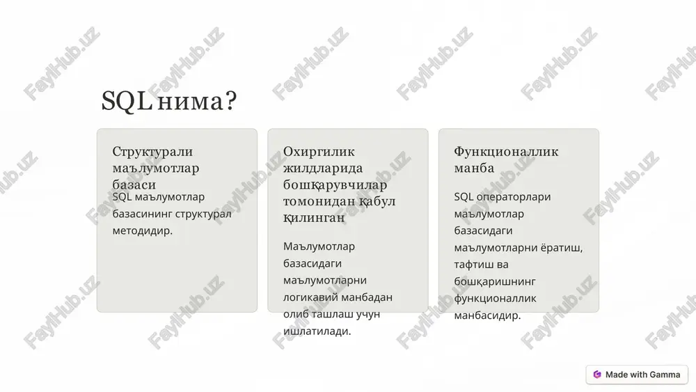 i api - ӯ namud ki baroi padtoh xizmataxoi digar bale metavoned ba yak agent ma'lumotro bedihed. bulutli kompyuter - cloud computing bajd nom komp’yuteri cloud computing - dar ҷahoni texnologi baroi naqsh kardani az nav poymon» va ehtirom dar gunaxi sistemho va doroi onho. 7 test 1. ustundan alohida qiymatlarni olish uchun qaysi sql operatoridan foydalaniladi? a) unit b) ajrali c) kesishish d) qo'shiling e) unikal 2. qaysi sql operatori natijalar to'plamini o'sish tartibida saralash uchun ishlatiladi? a) buyurtma bo'yicha b) guruh bo'yicha c) ega d) ajriyli e) sartalash 8 3. qaysi sql operatori ikki yoki undan ortiq jadvallar orasidagi tegishli ustun asosidagi satrlarni birlashtirish uchun ishlatiladi? a) ittifoq b) ajqiy c) kesishish d) qo'shiling e) filtr 4. qaysi sql operatori chap jadvaldagi barcha satrlarni va o'ng jadvaldan mos keladigan satrlarni o'ng jadvaldagi mos kelmaydigan satrlar uchun null qiymatlari bilan qaytarish uchun ishlatiladi? a) ichki join b) chapga qo'shilma …