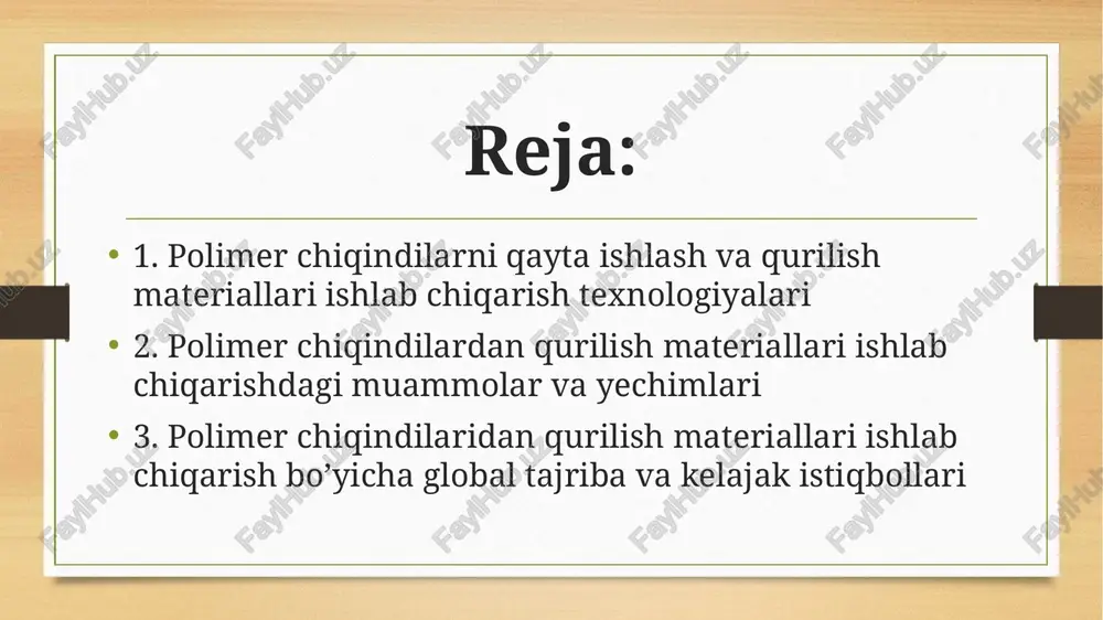 a qurilish materiallari: polimer asosida tsementga o’xshash materiallarni ishlab chiqarish mumkin. engilroq, kamroq energiya sarfi va yaxshi issiqlik izolatsiyasi xususiyatlariga ega. issiqlik va ovoz izolatsiyasi: qayta ishlangan polimerlar issiqlik va ovoz izolatsiyasi uchun foydalaniladi. plastmassa panellar, plitalar va boshqa izolyatsiya materiallari ishlab chiqariladi. gidroizolyatsiya: polimerlar suv o’tkazmaydigan qoplamalar ishlab chiqarish uchun ishlatiladi. tomlar, yer osti qismlari va suv o’tkazmaydigan qutilarni himoya qilish uchun qo’llaniladi. afzalliklari va kamchiliklari: afzalliklari: atrof-muhitni muhofaza qilish. qurilish materiallari narxini pasaytirish. yangi turdagi qurilish materiallarini olish. energiya sarfini kamaytirish. kamchiliklari: texnologik murakkabliklar. qayta ishlangan materiallar sifatini nazorat qilish. qonuniy va texnik muammolar. polimer chiqindilardan qurilish materiallari ishlab chiqarishdagi muammolar va yechimlari polimer chiqindilarni qayta ishlash va qurilishda qo’llashda bir qator muammolar mavjud bo’lib, ularni hal qilish ijtimoiy va iqtisodiy taraqqiyot uchun muhim ahamiyatga ega. muammolar: 1. turli xil polimer turlarini ajratish qiyinligi: chiqindilarni to’plash va saralash jarayoni murakkab va vaqt talab qiladi. turli xil ranglar, shakllar …