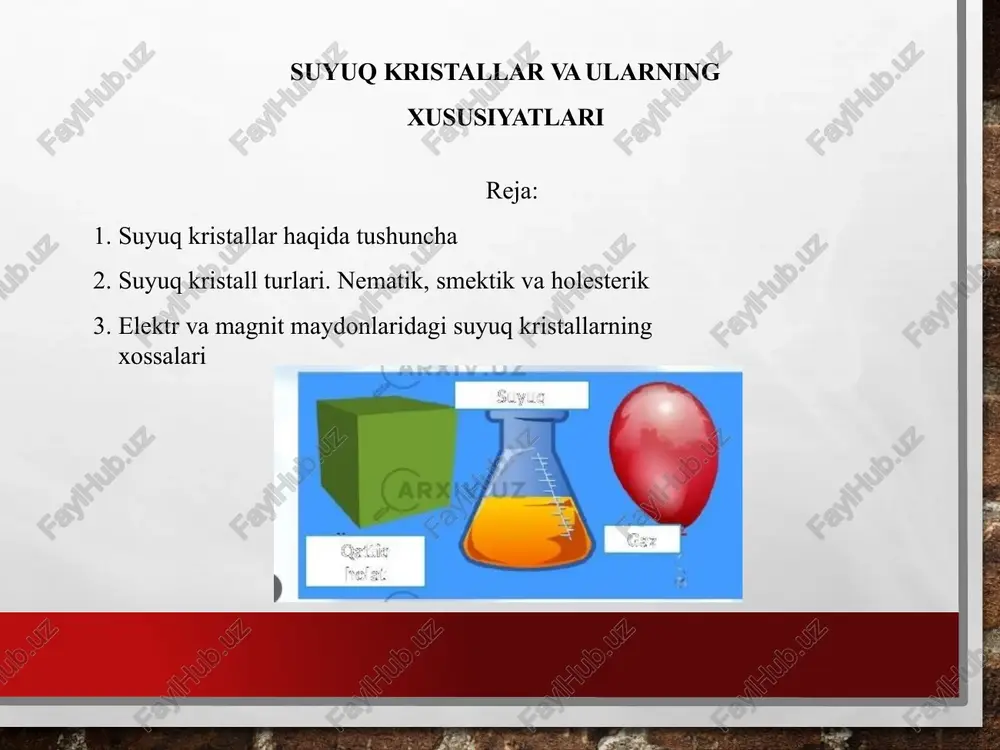 ing "suyuq kristallar" kitobi paydo bo'lganidan keyin ham kashfiyot ishlatilmadi. suyuq kristallarning turlari termotrop lcd , qattiq haroratni isitish natijasida hosil bo'lgan va ma'lum harorat va bosim oralig'ida mavjud. lyotropik lcd, bu ma'lum bir moddaning va suvning (yoki boshqa qutbli erituvchilarning) tayoqcha shaklidagi molekulalari aralashmalarida hosil bo'lgan ikki yoki undan ortiq komponentli tizimdir. ushbu novda shaklidagi molekulalar bir uchida qutb guruhiga ega va tayoqning katta qismi egiluvchan gidrofob uglevodorod zanjiridir. bunday moddalarga amfifillar deyiladi. suyuq kristallar-suyuqlik va kristall xossasiga ega bo’lgan moddalar bo’lib unda bir vaqtning o’zida ham kristallik, ham suyuqlik xususiyatlari namoyon bo’ladi. ma’lumki moddadarining ko’pchiligi uchta agregat holatda (qattiq, suyuq, gaz) mumkin. murakkab molekulalarga ega bo’lgan ba’zi bo’lishi organik moddalar yuqoridagi uchta holatdan tashqari to’rtinchi holatda ham bo’lishi mumkin. farqlanuvchi suyuq ular eritilayotganida kristall fazasi xosil oddiy suyuqlikdan bo’ladi. mazkur faza kristallning erish haroratidan boshlanib undan yuqori harorat intervalida mavjud bo’ladi. xolesterik suyuq kristallardagi molekulalar ham smektik suyuq …