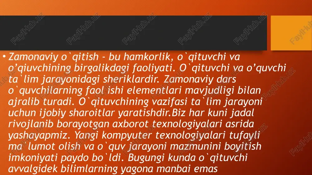 hita olmaydilar. shunda o‘qituvchining nazorati va rahbarlik qilishi ayniqsa katta ahamiyat kasb etadi. o‘qitish metodlari o‘qituvchining aktiv fikrlash asosida o‘quvchilarni o‘qitishga, o‘qituvchi rahbarligida o‘quvchilarning ilmiy bilimlarni o‘zlashtirish va amalda qo‘llana bilishlariga, aqliy va jismoniy mehnat, ko‘nikma va malakalarini egallashlariga, bilish va ijodiy qobiliyatlari o‘sishiga yordam berishni ta’minlovchi usullaridan iboratdir. maktab ta’limi metodlari sistemasidan to‘g‘ri foydalanilgan taqdirdagina ta’lim tarbiya ishlari sohasida yaxshi natijalarga erishish mumkin. foydalanilgan adabiyotlar 1. boynazarov f.a. qadimgi dunyo tarixi. o‘quv qo‘llanma. t.:“a.qodiriy 2.hasanboyev j. va boshq. pedagogika. toshkent: fan, 2006, 284 bet. 3. axmedshina f. qadimgi yunoniston tarixiga kirish. egey sivilizatsiyasi. jizzax, 2004. 4. muxammedov x. xorijiy mamlakatlar davlati tarixi va qadimgi dunyo tarixi. 1- qism. t., 1999. e’tiboringiz uchun raxmat image2.png image3.png image4.jpeg image5.jpeg image6.jpeg image7.jpeg image8.jpeg image9.jpeg image1.png tarix darslarida_ ta’limning texnika vositalaridan foydalanish darsning samaradorligini oshiradi. texnika vositalari o‘qitish va o‘rganish sifatini ko‘tarishga o‘quvchilarning o‘quv materialini qiziqib o‘rganishga va puxta o‘zlashtirishiga xizmat qiladi. tarix …