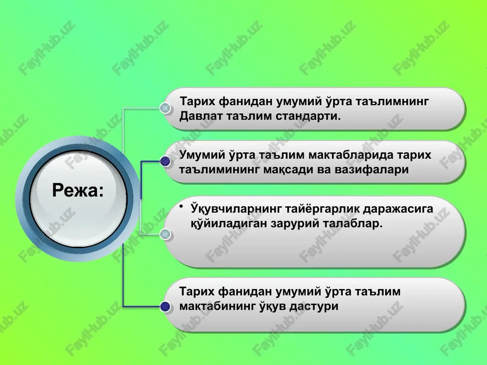 qardosh tillardagi ayrim fanlardan (qirg'iz, qozoq, tojik, turkman, qoraqalpoq tili va adabiyotlari, 8-sinflarda rus adabiyoti), mehnat ta'limining 5 ta yo'nalishi bo'yicha va informatika fani (5-7 sinflar)dan dts yaratilmagan boshlang'ich sinflarda bilim, ko'nikma va malakalar standart emas, talablar sifatida berilgan amaliyotga joriy etish jarayoni (1999-2003 yillar)da dtslarining sharhlarining tuzilishi va mazmunida aniqlangan kamchiliklar 5 mazkur kamchiliklarni bartaraf etish uchun: o'zbekiston respublikasi prezidentining farmoni va vazirlar mahkamasining qarori bilan qabul qilingan “2004-2009 yillarda maktab ta'limini rivojlantirish davlat umumilliy dasturi” doirasida amaldagi dtslarni takomillashtirish va o'quv dasturlarini modernizatsiya qilish hamda bosqichma-bosqich tajriba-sinovdan o'tkazish belgilandi. 6 umumiy o'rta ta'limning davlat standartlari takomillashtirilib, o'quv dasturlari to'liq modernizatsiya qilindi davlat ta'lim standartlarining sharhlari, ularga mos ravishda o'quv dasturlari o'quvchilarning yosh va psixofiziologik xususiyatlarini hisobga olgan holda optimallashtirildi davlat ta'lim standartlarining sharhlari bo'yicha o'quvchilar o'zlashtirishi zarur bo'lgan bilim, ko'nikma va malakalar yosh davrlari va sinflar kesimida taqsimlab chiqildi boshlang'ich sinflarda o'qitiladigan fanlar bo'yicha bilim, ko'nikma va malakalar …