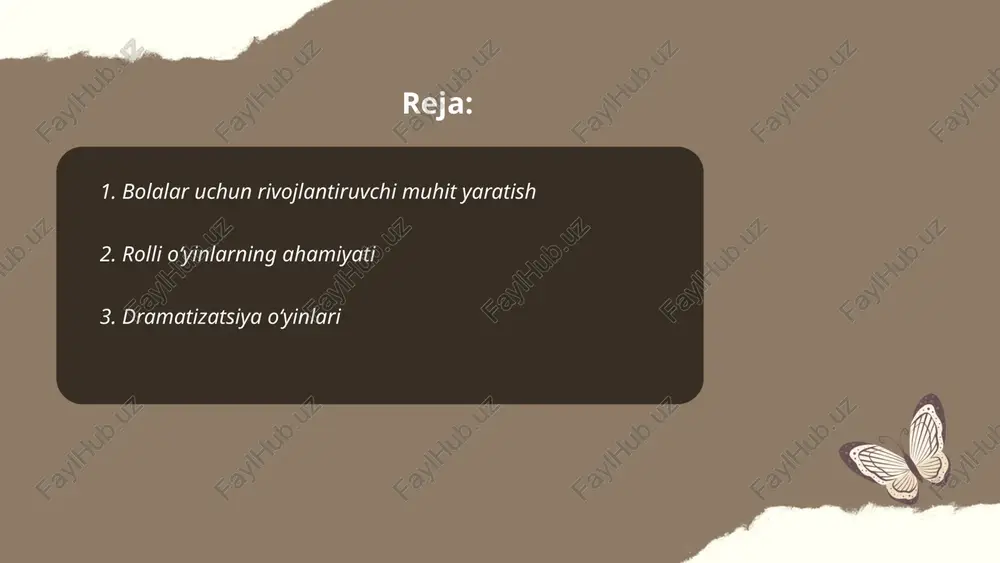 adi, chunki ular diqqatni jamlash va eslab qolish qobiliyatlarini oshiradi. ... t.me/slaydai_bot dramatizatsiya oʻyinlari bolalardagi ijodiy tafakkurni rivojlantirish uchun muhim vositadir. bolalar bu oʻyinlarda turli rollarni oʻynab, yangi xatti-harakatlarni oʻrganadilar. masalan, 3 yoshdan boshlab bolalarda ramzlar orqali fikr yuritish qobiliyati paydo boʻla boshlaydi. 7-10 yosh oraligʻida bolalar dramatik oʻyinlar orqali ijtimoiy va emotsional oʻsishni boshdan kechiradilar. 50% dan ortiq ota-onalar va taʼlim muassasalari dramatizatsiya oʻyinlarini ta'lim jarayoniga kiritishgan. shuningdek, oʻyinlar orqali bolalar oʻrtasida oʻzaro aloqa, muammoni hal qilish va hamkorlik koʻnikmalari rivojlanishi mumkin. shu tufayli dramatizatsiya oʻyinlari taʼlimning ajralmas qismi sifatida qaraladi. ... t.me/slaydai_bot 4. ijodiy oʻyinlar orqali o‘rganish ijodiy oʻyinlar orqali o‘rganish bolalarning rivojlanishida katta ahamiyatga ega. tadqiqotlar shuni koʻrsatadiki, bolalar koʻproq ijodiy oʻyinlarga jalb qilinganda, ularning kognitiv, ijtimoiy va emotsional koʻnikmalari yaxshilanadi. masalan, lego kabi konstruktorlar bolalarning muammo yechish koʻnikmalarini 80% ga oshirishi mumkin. tadqiqotlar shuni ham aniqladiki, ijodiy oʻyinlar orqali matematik mahorat 30% ga, tillarni oʻrganish qobiliyati …