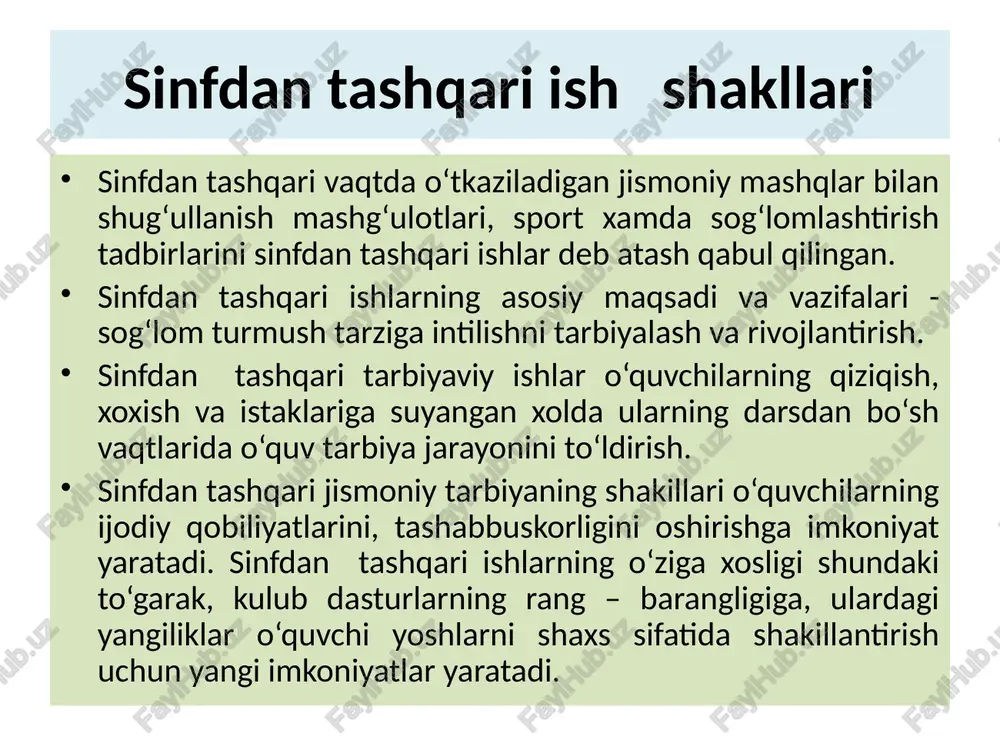 yatni sog‘lomlashtirish faoliyatini yana bir, jixati maktab, oila, jamiyat tashkilotlarining o‘z aro xamjixatlikda ishlashi tizimini tashkil etishdir. bu soxada “sog‘lomjon, polvonjon ”sport festivali, “quvnoq startlar” o‘yini, o‘quvchilarning umid” nixollar”ga keng o‘rin berish kerak. pedagoglar, oila, o‘quvchilar va ota-onalarning o‘z aro xamkorligi ish sifatini yanada yaxshilaydigan jismoniy tarbiyani, sog‘lom xayot tarzini yoshlarni kundalik xayotiga tadbiq etadigan muxim vositalardir. ertalabki badantarbiya: ertalab uyqudan uyg‘ongandan keyin shamollantirilgan xonada o‘tkaziladi, xar kuni uy sharoitida o‘quvchi tomonidan mustaqil bajariladi. kichik yoshdagi maktab bolalari bilan o‘tkaziladigan ertalabki badantarbiya 5 – 6 ta mashqlardan iborat bo‘ladi. yuqori sinflarda esa 8-10 ta mashqlaridan iborat bo‘ladi. ertalabki badantarbiya bilan shug‘ullanish, tananing turli qismlariga mashqlar beriladi. xar bir mashq 6-8 martagacha takrorlanadi. yugurish mashqlari 30-40 sekund davom etadi. asosiy diqqatni nafas olishni nazorat qilishga qaratish kerak. darsgacha gimnistika mashqlari. o‘quvchilarni aqliy ish qobiliyati va oldilarida turgan o‘quv faoliyatlariga xamda tana a’zolaridan salbiy siljishlarga ogoxlantirish, uzoq xarakatsizlikda bo‘lgan vaziyatni yo‘qotish. jismoniy …