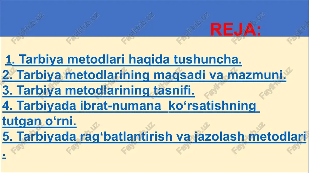 ga olish 4. jamoaning shakllanganlik darajasi 5. tarbiyalanuvchilarning individual o’ziga xosliklari tarbiya usullarini maqsadga muvofiq tanlash omillari 6. tarbiyaviy shart-sharoitlar 7. tarbiya vositalari 8. pedagogik malakani egallaganlik darajasi 9. tarbiya vaqti 10. kutiladigan natija oʻquvchilarning harakatlarini ijobiy baholashni koʻzda tutadi. ragʻbatlantirish quvonch, qoniqish, qanoatlanish kechinmalarini paydo qiladi, tetiklik va gʻayrat bagʻishlaydi, oʻz kuchiga ishonchni mustahkamlaydi, ijobiy xatti-harakatlarni ragʻbatlantiradi, oʻz faoliyati va xulqiga mas’uliyatini oshiradi. ragʻbatlantirish metodlari ma’qullash koʻngil koʻtarish dalda berish ishonch bildirish qayd qilish ogʻzaki va yozma tashakkur bildirish mukofatlash ragʻbatlantirish metodlari noma’qul xatti-harakatlarning oldini olish, axloqni tuzatishi, jamoa oldida uyalishi, oʻzini gunohkor deb bilish hissini uygʻotishi mumkin. jamoa tomonidan yoki uni qoʻllab-quvvatlashi asosida jazo berish metodlari ham xilma-xil. jazo berish tanbeh berish koyish uyaltirish qizartirish xatti-harakatlarni jamoa oʻrtasida muhokama qilish muayyan faoliyatidan chetlatish jazo berish 1. avtoritar 2. demokratik 3. liberal tarbiya jarayonini boshqarish usullari avtoritar demokratik liberal afzalligi va kamchiligi /docprops/thumbnail.jpeg 3-mavzu: umumiy o‘rta ta’lim muassasalarida tarbiya …