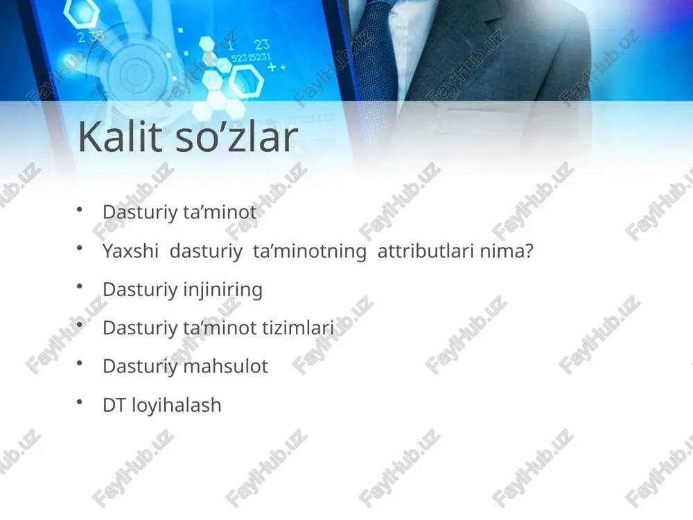 ri. o'z navbatida, texnik (apparat), matematik, axborot, tashkiliy, uslubiy va boshqalar bilan birgalikda mavjud bo'lgan dasturiy ta'minot avtomatlashtirilgan axborotni qayta ishlash va boshqarish tizimining (asoiu) qo'llab-quvvatlovchi quyi tizimlarining turlaridan biridir. dasturiy ta’minot arxitekturasi bilan tanishish; dasturiy ta’minot tizimi va murakkabligini baholash; loyiha maqsadini aniqlash va uni asoslashdan iborat; loyiha tuzilishini aniqlash(maqsadlar, bajarilishi kerak bo’lgan ishning asosiy bosqichlari) loyihaning shartlarini aniqlash; amalga oshirishni rejalashtirish; loyiha uchun zarur bo'lgan moddiy resurslarni hisoblash; yetkazib beruvchilar bilan shartnomalar tuzish; smeta va loyihaning byudjetini hisoblash; xavflarni rejalashtirish; loyihaning borishi ustidan nazoratni ta'minlash. dasturiy ta'minot tizimlarini loyihalash vazifalari quyidagilardan iborat: 8 dasturiy injiniring dasturiy injiniring ba’zida dasturiy ta’minot jarayoni ham deyiladi. dasturiy ta’minot jarayoni dasturiy mahsulotni ishlab chiqish faoliyatlari ketma -ketligidir. barcha dasturiy ta’minotlar uchun umumiy bo’lgan to’rtta asosiy faoliyat bor. bular: 1. dasturiy ta’minot xususiyati 2. dasturiy ta’minotni ishlab chiqish 3. dasturiy ta’minotni tekshirish 4. dasturiy ta’minot evolutsiyasi dasturiy ta’minot jarayoni modeli bu dasturiy ta’minot …