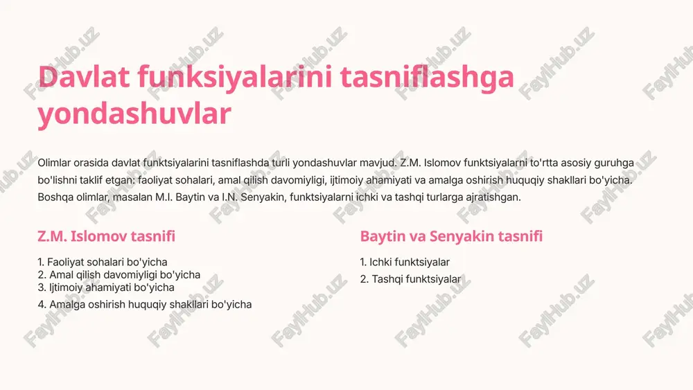 vojlanishining barcha bosqichlariga xos bo'lgan funktsiyalardir. masalan, iqtisodiy funktsiya doimiy funktsiyaga misol bo'ladi. vaqtinchalik funktsiyalar esa davlat o'z oldiga qo'ygan muayyan maqsad va vazifalarni amalga oshirishi bilan o'z ahamiyatini yo'qotadigan funktsiyalardir. 1 doimiy funksiyalar davlat rivojlanishining barcha bosqichlarida mavjud bo'lgan funktsiyalar 2 vaqtinchalik funktsiyalar muayyan vazifani bajarish bilan tugaydigan funktsiyalar 3 misol iqtisodiy funktsiya - doimiy, favqulodda vaziyatlarni bartaraf etish - vaqtinchalik 4 asosiy va asosiy bo'lmagan funksiyalar ijtimoiy ahamiyatiga ko'ra davlat funktsiyalari asosiy va asosiy bo'lmagan funktsiyalarga bo'linadi. davlatning barcha organlari tomonidan o'zaro hamkorlikda bajariladigan funktsiyalar asosiy funktsiyalar deyiladi. ayrim davlat organlarigagina xos bo'lgan funktsiyalar esa asosiy bo'lmagan funktsiyalar hisoblanadi. bu ikki tur o'zaro bog'liq bo'lib, asosiy bo'lmagan funktsiyalar asosiy funktsiyalarni amalga oshirishga yordam beradi. 1 asosiy funksiyalar barcha davlat organlari tomonidan bajariladigan muhim vazifalar 2 asosiy bo'lmagan funksiyalar ayrim davlat organlariga xos bo'lgan ikkilamchi vazifalar 3 o'zaro bog'liqlik asosiy bo'lmagan funktsiyalar asosiy funktsiyalarni qo'llab-quvvatlaydi 5 huquqiy shakllar bo'yicha …