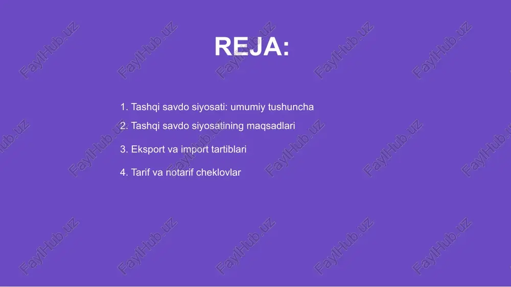 rt tartiblari tashqi savdo siyosati mamlakatning eksport va import faoliyatini tartibga soluvchi choralar majmuasidir. tarif cheklovlar bojxona bojlarini o'z ichiga oladi va narx siyosatiga ta'sir qiladi. notarif cheklovlar esa kvotalar, litsenziyalar va standartlarni qamrab oladi. ular savdoni tartibga solishda qo'shimcha ruxsat va cheklovlarni talab qiladi. ushbu siyosat mamlakatning iqtisodiy manfaatlarini himoya qilishga qaratilgan. savdo balansini saqlash, mahalliy ishlab chiqaruvchilarni qo‘llab-quvvatlash va raqobatbardoshlikni oshirish uning asosiy maqsadlaridandir. tarif va notarif cheklovlar 01 tashqi savdo siyosati davlatlar o‘rtasida iqtisodiy hamkorlikni rivojlantirishga yo‘naltirilgan. erkin savdo bitimlari bojxona to‘siqlarini kamaytirib, savdoni yengillashtiradi. bu bitimlar mahsulotlarga qulay sharoit yaratadi. 02 savdo ittifoqlari mintaqaviy hamkorlikni kuchaytirib, iqtisodiy o‘sishga hissa qo‘shadi. ular ishtirokchi davlatlarning bozorlarini ochib, raqobatbardoshlikni oshirishga xizmat qiladi. iqtisodiy integratsiya mustahkamlanadi. 03 erkin savdo bitimlari iqtisodiyotni liberallashtirishga yordam beradi. investitsiyalar uchun yangi imkoniyatlar yaratilib, ish o‘rinlari ko‘payadi. ushbu jarayon global bozor talablariga moslashuvni kuchaytiradi. erkin savdo bitimlari va ittifoqlari o‘zbekiston tashqi savdo siyosati iqtisodiy o‘sishni …
