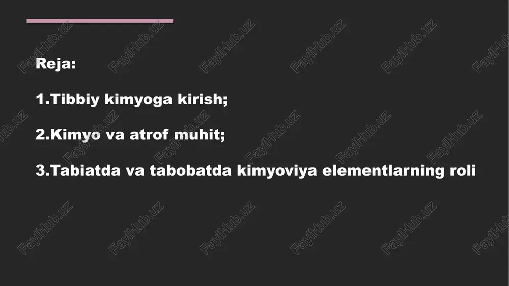 nish to’liq bo’lmas edi. biologik suyuqliklar o’z tarkibida anorganik moddalarni ionlar holatida ham tutadi. shundan kelib chiqqan holda elektroliz jarayoni, elektrolitlar kimyosi, elektrod va oksidlanish-qaytarilish potensiallarini o’rganish tibbiyot oliy o’quv yurtlarida o’qish uchun zarur sohalardan bo’lib kelgan. sirt hodisalari, kolloid sistemalarning fizikasi va kimyosi asoslarini bilish, organizmda kechadigan sorbsiya, desorbsiya, elektrkinetik xodisalar mohiyatini tushinib yetishga asos bo’ladi. bioorganik kimyo xujayra va to’qimalar tarkibini tashkil qiluvchi biologik faol moddalar va organizmni sog’lomligini ta'minlovchi dorivor moddalarning tuzilishi va xosslarini o’rganadi. kimyo fani xozirgi zamon tibbiyotini rivojlanishida muhim o’rinni egallab, vrach ma'lumotining ajratib bo’lmaydigan bir qismidir. tibbiyot fanining va sog’liqni saqlash ishlarining rivoji mutaxassislarni fundamental fanlardagi bilimlarini kerakli darajada chuqur o’rganilishi kerakligini talab qiladi. buning ustiga tibbiyot nafaqat kasalliklarni davolash bilangina chegaralanib qolmay, ekologiya, toksikologiya, biotexnologiyalar va b. bilan ham shug’ullanib, ijtimoiy ta'minot sohasining katta bir qismiga aylanib bormoqda. kimyoning umumiy, analitik, fizik va kolloid, organik kimyo bo’limlari tibbiyot oliy o’quv yurtlarining o’quv …
