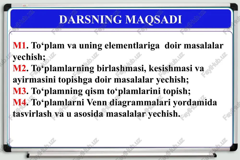 kabi belgilanadi. p= {30 ning bo‘luvchilari} va q = {40 ning bo‘luvchilari} bo‘lsin. p ⋂ q ni toping? yechish: 30 ning bo‘luvchilari => 1,2,3,5,6,10,15,30. 40 ning bo‘luvchilari => 1,2,4,5,8,10,20,40. p= {1,2,3,5,6,10,15,30} va q = {1,2,4,5,8,10,20,40} javob: p ⋂ q= {1,2,5,10} 2-masala to’plamlarning ayirmasi a va b to'plamlarning ayirmasi deb, a ning b ga tegishli bo'lmagan barcha elementlaridan tuzilgan to‘plamga aytiladi. a va b to‘plamlarning ayirmasi a b kabi belgilanadi. p= {30 ning bo‘luvchilari} va q = {40 ning bo‘luvchilari} bo‘lsin. p \ q ni toping? yechish: 30 ning bo‘luvchilari => 1,2,3,5,6,10,15,30. 40 ning bo‘luvchilari => 1,2,4,5,8,10,20,40. p= {1,2,3,5,6,10,15,30} va q = {1,2,4,5,8,10,20,40} javob: p \ q= {3, 6, 15, 30} 3-masala masalalar yechish 4-masala a = {1;2;3;4}, c  {x: x = 2n - 1, na} bo‘lsa, a⋂c to‘plamni aniqlang? a) {1; 3;4} b) {1; 3} c) {1; 2;3} d) {1; 2;4} yechish: c to‘plamning elementlarini aniqlashtiramiz: 2n – 1 …
