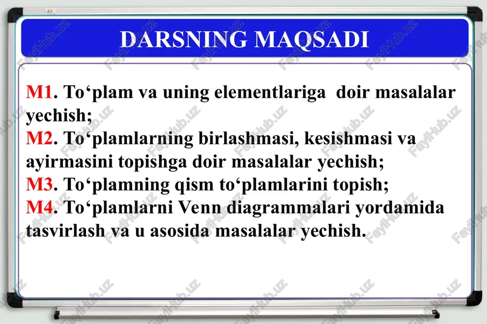 bo’lgan to‘plamning qism to‘plamlar soni 2n ga teng bo‘ladi. masalalar yechish 6-masala * masalalar yechish 7-masala venn diagrammasi to‘plamlarni venn diagrammalari yordamida tasvirlash maqsadga muvofiq. venn diagrammasida u universal to‘plam − to‘g‘ri to‘rtburchak, to‘plam esa shu to‘rtburchak ichida yotgan doira kabi tasvirlanadi. a u venn diagrammasi a b a \ v = a- (a ⋂ b) ayirma b \ a = b – (a ⋂ b) ayirma a ⋂ b kesishma + + a∪b birlashma venn diagrammasi 8-masala rasmda a, b va c to‘plamlar tasvirlangan. (a ∪ b) ⋂ c to‘plamning elementlarini aniqlang. a) {a, b, c, d, g, h, f } b) {a, b, c, d, g, f } c) {a, b, c, d } d) {a, c, d, f } a c b yechish: rasmga ko’ra: a ∪ b = {i, j, k, b, a, f, c, d, g, h} c = {f, a, c, d, e} (a …