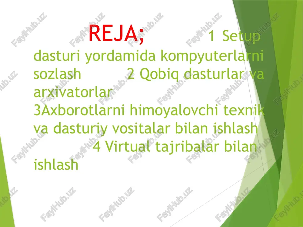 a operatsion sistemaning buyruglarini kompyuterga kiritish ko‘p mehnat, vaqt va qunt talab qiladi. norton commander foydalanuvchini bu mehnatdan va operatsion sistemaning o'nlab buyruqlarini doimo yodda saqlashdan xalos etdi. mazkur dasturning eng afzal tomonlaridan biri - u operatsion sistema buyruqlaridan oson va samarali foydalanish imkonini beradi. qobigq-dasturlar asosan quyidagi imkoniyatlarni beradi: * diskdan kataloglar ro'yxatini ekranga to'lig chigarish; + fayllardan nusxa ko’chirish; * fayllarni gayta nomlash; + fayllarni ochirish; * kataloglarning pog‘onalik tuzilmasini ko'rish; + bir katalogdan boshqa kataloglarga o'ttish; - kataloglar hosil gilish; * katalogni qayta nomlash va ochirish; * matnili fayllarni tahrir qilish va boshqalar. windows commander dasturining umumiy ko'rinishi quyidagicha: menyu bandiari oynani yopish sarjavha satri oynani el skunalar paneli oynani yig'ish sat rare come oe an a 7 or wie wee oe mowe oi bs oe almash- katalog va fayllar gz foreerre peseeerregeres =2 755 gaguer ish haqida nazariy ma‘lumot. operatsion tizim- bu birinchi va bosh programma …