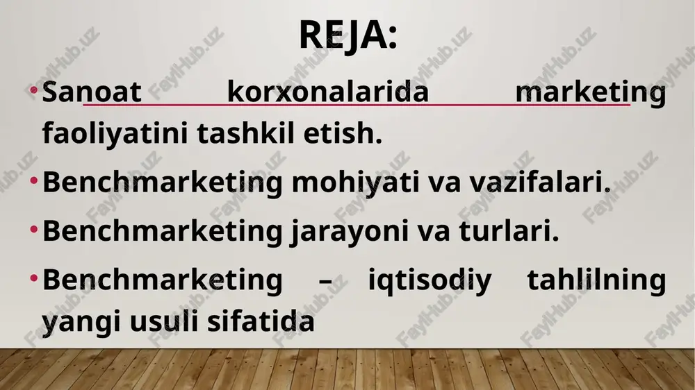 belgilashdan iborat. benchmarking turli kompaniyalar tomonidan tovar va xizmatlarni taqdim etish sifatini modifikatsiyalash uchun, shuningdek, bu sifatni ta’minlab beruvchi ichki biznes jarayonlaridagi o‘zgarishlar uchun ham tobora keng qo‘llanmoqda benchmarkingning mohiyati bozor muhitidagi turli subyektlar faoliyati haqida imkon qadar to‘liq axborot to‘plashdan iborat bo‘lib, bu axborotlar raqobatli muhitdagi yetakchilar- ning tadbirkorlik faoliyati xarakteri hamda muvaffaqiyat sabablari haqida keng tushuncha olish, ularning tajribalarini umumlashtirish va samarali tadbirkorlik modelini tuzishda bu tajribalardan foydalanishga imkon beradi. «benchmarking» fani korxona miqyosida menejment funksiyalarini integratsiyalovchi zamonaviy boshqaruv faoliyatining uzviy va ajralmas bir qismi hisoblanadi. sodda qilib aytganda, benchmarking yetakchi kompaniyalarning ish uslubi, ular ishlab chiqarayotgan mahsulotlarni sinchiklab o‘rgangan holda ular tajribasini o‘z faoliyatida qo‘llash demakdir. bugun dunyodagi yirik kompaniyalar ham shu usuldan foydalanib kelmoqda. aniqrog‘i, marketing sohasida qo‘llaniluvchi eng asosiy uch usulning biri benchmarking (ing. benchmarking) deb nom olgan. uning eng afzal jihatlaridan biri shundaki, benchmarkingni qo‘llagan holda kam xarajat qilib, qisqa vaqt ichida muvaffaqiyatga erishish …