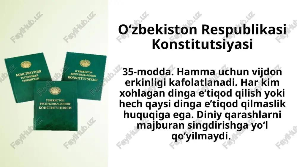 8-modda. o‘zbekiston respublikasida ta’lim tizimi dindan ajratilgandir. ta’lim tizimining o‘quv dasturlariga diniy fanlar kiritilishiga (bundan diniy ta’lim muassasalari mustasno) yo'l qo‘yilmaydi. o‘zbekiston respublikasi fuqarolarining dunyoviy ta’lim olish huquqi, ularning dinga bo‘lgan munosabatidan qat’i nazar, ta’minlanadi. har kim diniy ta’lim muassasalarida professional diniy ta’lim olish huquqiga ega. diniy ta’lim muassasalarida o‘qishga fuqarolar gonunchilikka muvofiq umumiy o'rta, o‘rta maxsus ta’lim yoki professional ta’lim olganidan keyin qabul qilinadi. diniy professional ta’lim olgan shaxslar diniy ta’lim muassasalarida diniy fanlarni o‘qitish faoliyati bilan shug‘ullanish huqugiga egadir. diniy tashkilotni tashkil etish ™ 11-modda. diniy tashkilot qonunchilikka muvofiq uning tashabbuskorlari (ta’sischilari) qaroriga ko‘ra tashkil etiladi. diniy tashkilotning tashabbuskorlari (ta’sischilari) ta’sis yig‘ilishini (konferensiyasini) chagiradi, unda ustav qabul qilinadi va rahbar organlar tuziladi. diniy tashkilot ro‘yxatdan o‘tkazilgan paytdan e’tiboran tashkil etilgan deb hisoblanadi. diniy tashkilot yuridik shaxsdir. diniy tashkilot diniy tashkilotlarning o‘zbekiston respublikasi bo‘yicha markaziy boshqaruv organi (bundan buyon matnda markaziy boshqaruv organi deb yuritiladi), diniy ta’lim muassasasi yoki …