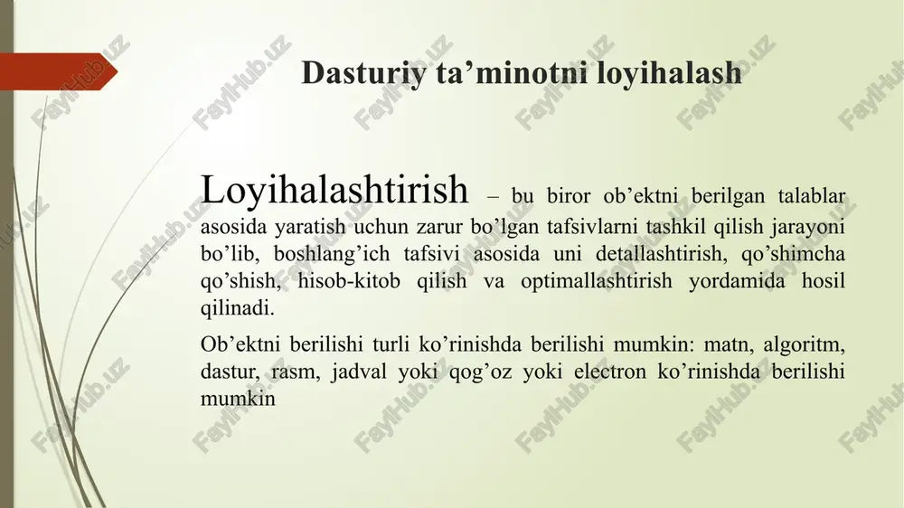 entlarning o'zaro hamkorligi doirasidagi xatti -harakatlari; tuzilmaning tanlangan elementlarini va katta tizimlardagi xatti –harakatlarini birlashtirish; butun tashkiliy vazifalarni boshqaradigan arxitektura uslubi, ya’ni barcha elementlar, ularning interfeyslari, ularning hamkorligi va aloqasi kiradi. yaxshi arxitektura uchun mezonlar tizim samaradorligi; tizim gibkost sistemi. tizimni kengaytira olish. ishlab chiqish jarayonini mashtablashtirish masshtabiruemost protsessa razrabotki. test o’tkazish. qayta foydalanish imkoniyati. dastur kodi tushunarli va o’qishga qulay bo’lishi. keyinchalik davomiyligini mavjudligi. yomon arxitektura uchun mezonlar o’zgartirish kiritish qiyinligi, masalan, ixtiyoriy o’zgarish tizimning ko’p boshqa qismlariga ta’sir ko’rsatishi (qittiylik, rigidity) o’zgartirish kiritilganda tizimning boshqa qismlari kutilmaganda buzilib ketishi (nimjon, xrupkost, fragility) bowqa dasturda tayyor koddan foydalanish og’irligi, chunki uni joriy dasturdan ajratib olish qiyinligi. (nepodvijnost, immobility). dasturiy ta’minot arxitekturasini vazifalari jarayonlar samaradorligini oshirish va yaxwilash. xarajatlarni kamaytirish ishlab chiqarish faoliyatini yaxwilash boshqarish samaradorligini yaxshilash xaf-xatarni kamaytirish foydalanuvchining ish unumdorligini oshirirsh o’zaro aloqaning shoffofligi va imkoniyatini oshirish hayotiy siklni qo’llab quvvatlash xarajatlarini kamayritish xavfsizlik darajalarini yaxwilash boshqaruvchanlikni oshirish. …
