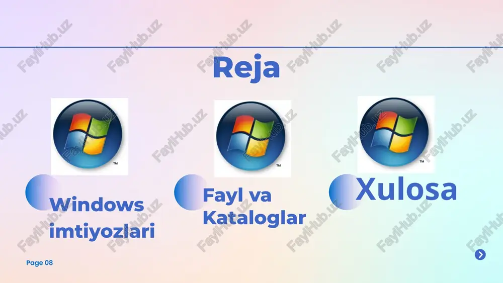 avfsizlik qoidalari o'rnatish. ntfs (new technology file system): windows tizimida fayl va kataloglarga ntfs orqali yanada aniq va kuchli imtiyozlar o'rnatish mumkin. ntfs fayl tizimi foydalanuvchi va guruhlar uchun kengaytirilgan xavfsizlikni ta'minlaydi. page 09 xulosa shu tarzda, windows tizimi imtiyozlarni va xavfsizlikni samarali tarzda boshqarishga imkon beradi, bu esa tizimni himoya qilish va resurslarni to'g'ri taqsimlash uchun muhim ahamiyatga ega. thank page 10 you. you. thank you. thank image1.jpeg image2.png image3.png image4.png image5.svg image22.svg image8.jpeg image5.png image18.svg image6.png image20.svg image7.png image9.png image10.png image15.jpeg image11.jpeg image12.jpeg image13.jpeg image14.jpeg image16.png image16.svg image17.png image13.svg image18.jpeg image19.jpeg image20.jpeg c2 windows 1 year : 1985 windows xp year : 2001 windows 8 year : 2012 windows 3.1 year : 1992 (az) windows vista year : 2007 windows 10 year : 2015 windows 95 year : 1995 windows 7 year : 2009 windows 11 year : 2021 tees /docprops/thumbnail.jpeg windows ) otda imtiyozlar| ‘turlari, fayl va …