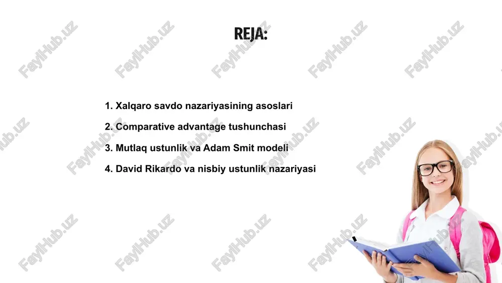 yotda muhim ahamiyatga ega bo‘lib, u mamlakatlarning o‘zaro tovar va xizmatlar almashinuvi orqali foyda olishiga imkon yaratadi. adam smit modeli mutlaq ustunlik tamoyiliga asoslanadi, bunda har bir davlat o‘zining samaraliroq ishlab chiqaradigan mahsulotini eksport qilish orqali foyda ko‘radi. mutlaq ustunlik modeli mamlakatlarning tabiiy resurslari va mehnat unumdorligidan samarali foydalanishni ta’minlab, xalqaro bozorda manfaatli pozitsiyalarni egallashga yordam beradi. david rikardo va nisbiy ustunlik nazariyasi david rikardo xalqaro savdo nazariyasida nisbiy ustunlik konsepsiyasini taqdim etdi. unga ko‘ra, har bir davlat eng samarali ishlab chiqaradigan mahsulotga ixtisoslashishi lozim. nisbiy ustunlik nazariyasi mamlakatlarning savdo orqali foyda olishini tushuntiradi. agar davlat sotayotgan mahsulotni arzonroq ishlab chiqarsa, u raqobatda ustun bo‘ladi. 01 bu nazariya xalqaro savdoni rag‘batlantiradi va iqtisodiy o‘sishni qo‘llab-quvvatlaydi. ixtisoslashuv va almashinuv samaradorlikni oshirib, barcha mamlakatlarga foyda keltirishi mumkin. heckscher-ohlin modeli va resurs taqsimoti heckscher-ohlin modeli xalqaro savdoni resurslar taqsimoti asosida tushuntiradi. mamlakatlar o'zlarida ko'p bo'lgan resurslarga asoslangan mahsulotlarni eksport qiladi va kam bo'lganlarni …