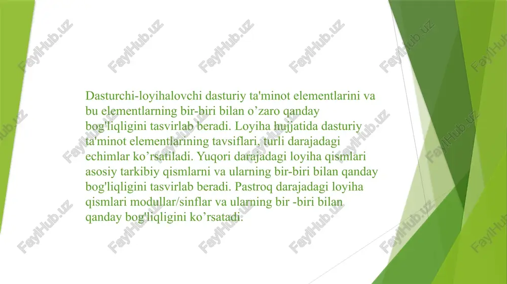 alani echish uchun bir-biri bilan o'zaro aloqadorligidir. ob'ektga yo'naltirilgan dastur tuzilishini tavsiflovchi dasturiy ta'minot loyihasining qismlari, usullar sinflar ichida yaratiladi, sinflar to'plamni ifodalash uchun birlashtirilishi mumkin va paketlar butun dasturiy ta'minotni ifodalash uchun birlashtirilishi mumkin. dasturiy ta'minotning xatti-harakatlari modullar/funktsiyalar (prosedurali dasturlash) yoki sinflar/usullar (ob'ektga yo'naltirilgan dasturlash) o'rtasidagi batafsil o'zaro ta'sirlar bilan ifodalanadi. bu xatti-harakatlar dasturda uch xil ko'rinishda namoyon bo'ladi. dastur kodining xatti-harakatni ifodalash uchun uch turdagi til tuzilmalaridan foydalanadi. bu tuzilma turlari ketma-ketlik, tanlash va takrorlashdir. dasturiy ta'minot loyihasini qismlari dastur algoritmlari hujjatlashtiriladi. algoritm ketma-ketlik, tanlash va takrorlash yordamida ifodalangan mantiqni ifodalash uchun tabiiy til, psedokod yoki diagramma yordamida hujjatlashtirilishi mumkin. dastur kodi xatti-harakatni ifodalash uchun parametrlarni o'tkazish va ixtiyoriy ravishda qiymat/ob'ektni qaytarishni o'z ichiga olgan funktsiya yoki usullardan foydalanadi. dasturiy ta'minot loyihasi qismlarini bajarilishi ushbu funktsiya/usullarni yaratilishi kerak. dastur kodi dasturiy ta'minot holatini ko'rsatish uchun o'zgaruvchilardan foydalanadi. bu dastur holati tushunchasi - bu dasturiy ta'minot loyihasining qismida tasvirlanishi …
