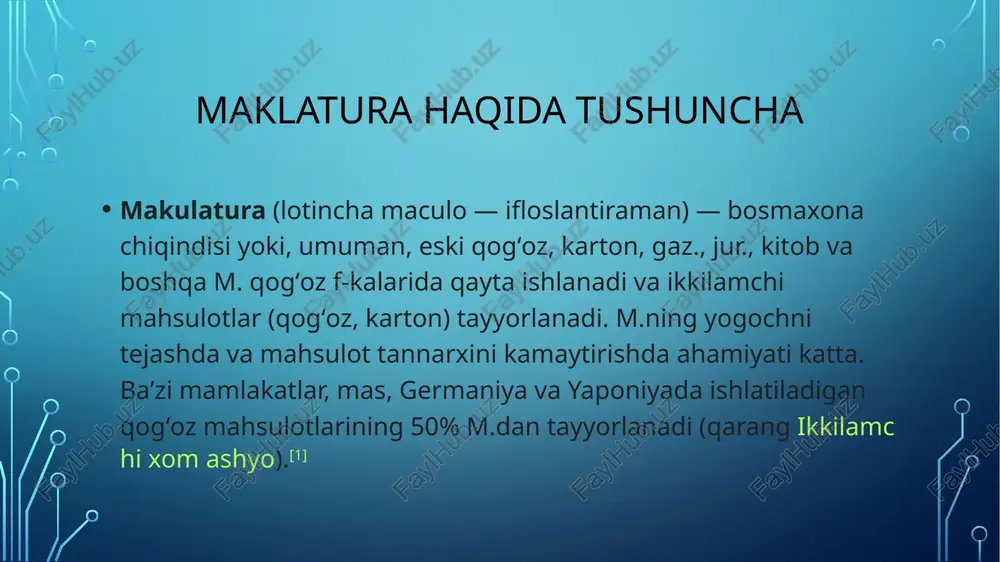 yogʻoch massasi, yarim sellyulozalar, makulatura va b.) dan foydalaniladi. k. xossalari ushbu texnik koʻrsatkichlari: yuza birligi (mas, 1 m2 ining massasi, kalinligi, namligi va b.) bilan belgilanadi. k. massasi tarkibiga yopishtiruvchi, bogʻlovchi, toʻldiruvchi, boʻyovchi moddalar qoʻshib, uning xossalarini oʻzgartirish mumkin. vazifasiga va fizik-mexanik xossalariga qarab, k.ning qutilar yasash, matbaada, poyabzal i. ch.da, qurilishda, toʻqimachilik va b.da ishlatiladigan, elektroizolyasiya, qistirmalar va b. tayyorlanadigan xillari bor. qog’oz sanoati qogʻoz — asosan, oʻsimlik tolalaridan tayyorlanadigan yupqa material. turli xil jinsdagi daraxt yogʻochi va bir yillik oʻsimlik sellyulozasi hamda yogʻoch massasidan ishlanadi. qogʻoz massasiga oʻsimlik tolalaridan tashqari turli qoʻshimcha (toʻldirgich)lar, mas, oq tus beradigan, zich, silliq qiladigan, boʻyoq olish xususiyatini yaxshilaydigan mineral moddalar (kaolin, talk va boshqalar); siyohni yoyiltirmaydigan yoki qogʻozni puxta va zich qiladigan yelimlovchi materiallar (kani-fol yelimi, kraxmal, smola va hokazo); boʻyagichlar, kimyoviy tolalar va boshqa qoʻshiladi. qogʻoz dastlab (2-asr) xitoyda olingan. say lun oʻsimlik tolalarining suvli boʻtqasini toʻrdan oʻtkazib, qogʻoz olishga …