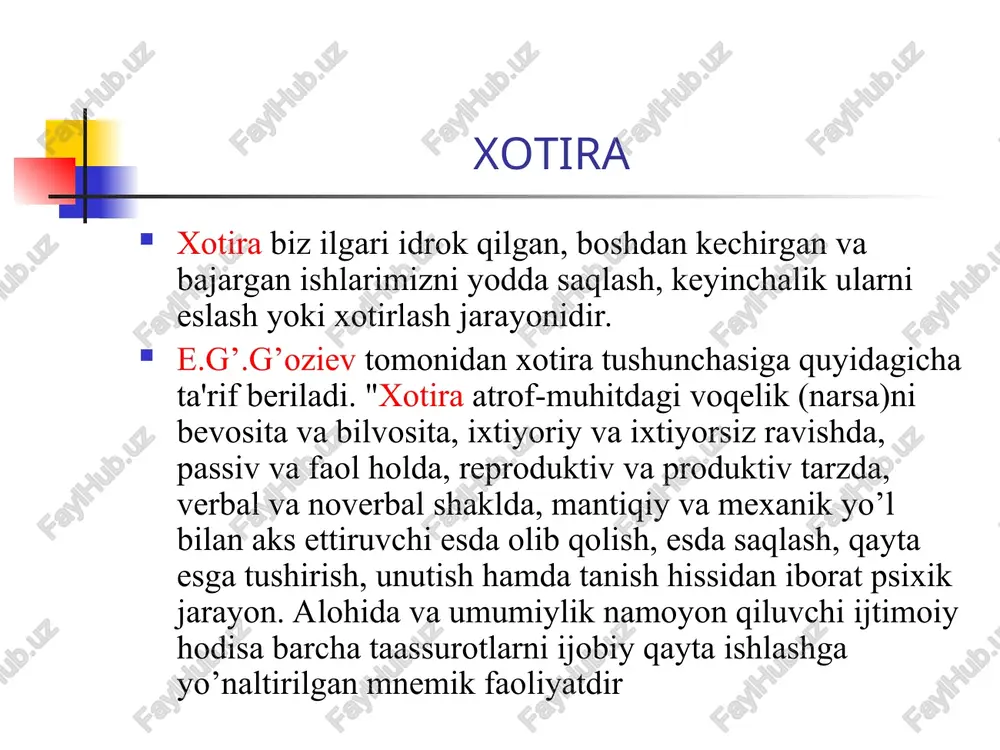vonot olamida va bizning o’zimizda ham bo’ladigan eng umumiy fiziologik hodisadir. shu bilan birga u psixik hodisa hamdir, turli-tuman harakat, taassurot bo’lmasa harflar, so’zlar va fikrlar o’rtasida paydo bo’ladigan bog’lanishlar-ki, bu bog’lanishlarni psixologlar assosiasiyalar deb ataydilar" xotira, ya'ni esda olib qolish, idrok qilinayotgan narsalardan hosil bo’lgan obrazlar o’rtasida assosiasiyalarning yuzaga kelishidan iboratdir. shu bois inson xotirasidagi assosiasiyalar 3 turga ajratiladi. yondoshlik assosiasiyasi, o’xshashlik assosiasiyasi qarama-qarshilik assosiasiyalaridan iboratdir xotira turlari faoliyat maqsadiga ko’ra: harakat, emosional, obraz va so’z-mantiq xotirasi. psixik faolligiga ko’ra: ixtiyoriy va ixtiyorsiz xotira. muddatiga ko’ra: uzoq muddatli, qisqa muddatli va operativ xotira. harakat xotirasi - inson faoliyatining har bir turida ruhiy faollikning u yoki bu ko’rinishlarini ustunlik qilishida kuzatiladi. masalan, harakat, hissiyot, idrok, aql-zakovat kabi ruhiy faoliyatning ko’rinishlari mavjuddir. ana shu ruhiy faollik turlarining har biri tegishli harakatlarda va ularning mahsulotlarida o’z ifodasini topib harakatlarda,hissiy kechinmalarda, tuyg’ularda, obrazlarda, timsollarda, fikr va mulohazalarda aks etadi. his-tuyg’u yoki hissiyot xotirasi. …