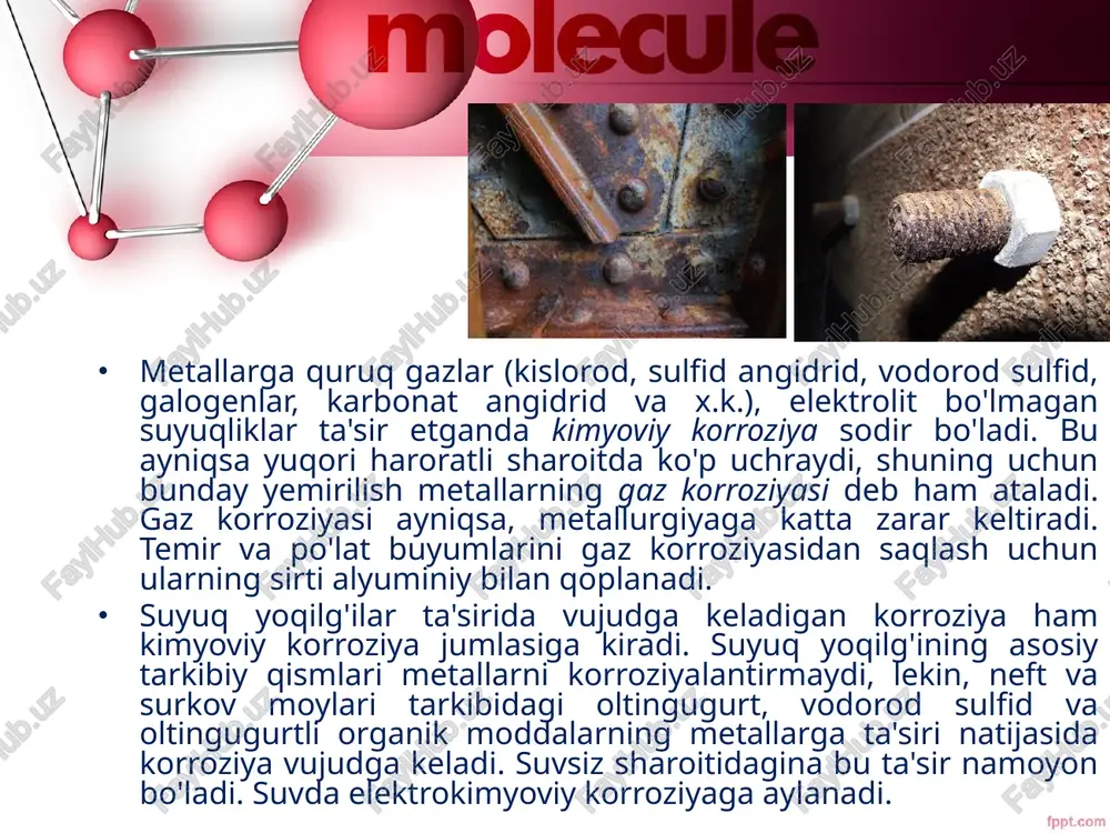 da galvanik element hosil bo'ladi (temir – anod, mis – katod vazifasini o'taydi). temir oksidlanadi: fe – 2e– fe2 bu elektronlar katod sirtida havo kislorodini qaytaradi: o2  2h2o  4e–  4oh– fe2 ionlari oh– ionlari bilan birikib, fe(oh)2 ni hosil qiladi; fe(oh)2 havo kislorodi va namlik ta'sirida fe(oh)3 ga aylanadi; fe(oh)2  o2  2h2o  4fe(oh)3 natijada temir korroziyaga uchraydi. agar, vodorod ionlari mo'l bo'lsa, temirdan chiqqan elektronlar havodagi kislorodni qaytarmasdan vodorod ionlarini qaytaradi; 2h2e–  2h  h2 temir qalayga tegib tursa, korroziya temir misga tegib to’rgandagiga qaraganda sustroq sodir bo'ladi, temir ruxga tegib tursa, zanglamaydi, chunki, temir ruxga qaraganda asl metaldir; elektrolitlar ishtirokida rux bilan temir hosil qilgan galvanik elementda rux – anod, temir – katod vazifasini bajaradi. metallar korroziyasini oldini olish. metallarni korroziyadan saqlashuchun bir necha choralar qo'llaniladi: a) metall sirtini boshqa metallar bilan qoplash; b) metall sirtini metall bo'lmagan moddalar bilan qoplash; v) …
