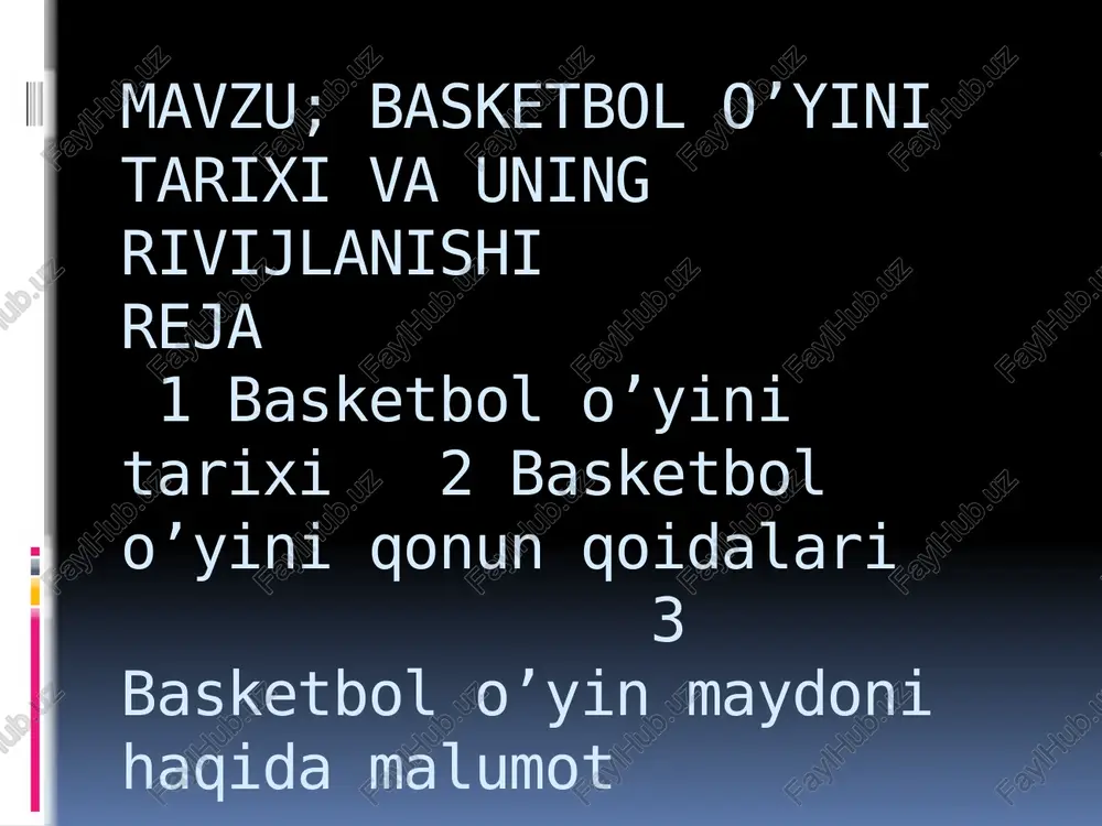 in va argentinalk emmanuel jinobili xam dune basketbol ixlosmandiari orasida katta nufuzga ega §@ myshared . iy ja_ fran isu. spring id kolejit kolejint se beach vataniga q va xamyiurtlarini ji bilan tanishtirdi. a be emai but tun a tarqala boshiedl 1894 ida. esa bob geyli_ _xitoyliklarni, esa xindlami basketbol bilan . tanishtirdi, 1927 yilning sentyabrda jeneva jismoniya tarbiya_maktabi ochildi va springfild kolleji ogituvchisi di elmer beri maktab direktorii etib tayinlandi. basketboining vatani aqsh, «otasio esa james ith hisoblanadi. o*yin sf oxida paydo bot springfild xalqaro hguiotiar maktabining fer mony taba ca it paytlar reg! va ginastkach reiger james ismi lai (1861- vf tug'lgan — 1932-yil vat etgan) talabalaming qishki inion jismonan = yanada chiniqtirish maguadida zakia to'p bilan o'ynaladigan ngi o’yin o'ynaladigan §=—yang! ¥' /docprops/thumbnail.jpeg termiz davlat universiteti sport va uni boshqartsh fakulteti 2-kurs s-jm 920- guruh talabasi xushboqov suxrobning harakatlt. 0? vinlar fanidan tayyorlagan taqdimotti