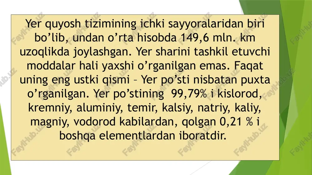 lovchi quyidagi dalillar bor: 1.yer yuzasining do’mboqligi tufayli quyosh chiqayotganda eng avvalo baland joylarni, chunonchi tog’larni, tepalarni, daraxtlarning uchlarini, so’ngra past yerlarni yoritadi; 2.kema qirg’oqqa yaqinlashib qolganda dengiz yuzasining do’mboqligi tufayli avvalo uning tutuni, so’ngra machtasi va oxirida kemaning o’zi ko’rinadi; oyning tutilishi ham yerning shar shaklida ekanligini isbotlaydi. oy bilan quyosh orasiga yer kirib qolsa, uning soyasi oy yuzasini doira shaklida qoplab oladi va natijada oy tutiladi. oy yuzasida paydo bo’ladigan yer soyasi sayyoramizning shar shaklida ekanligini isbotlaydi. balandga ko’tarilgan sari gorizont chizig’ining kengayib borishi ham yerning shar shaklida ekanligidan dalolat beradi. agar tekis yerda turgan kuzatuvchi – 5 km masofadagi narsalarni ko’rsa, u 20 m ko’tarilganda 16 km; 100 m ko’tarilganda 36 km; 10000 m ko’tarilganda 357 km masofadagi narsalarni ko’ra olishi mumkin. dunyo aylana qilingan sayohatlar ham yer shar shaklida ekanligini isbotlaydi. chunonchi, sayohatchilar bir tomonga qarab ketib, ikkinchi tomondan yana o’z joyiga qaytib keladilar; nihoyat, yerning …