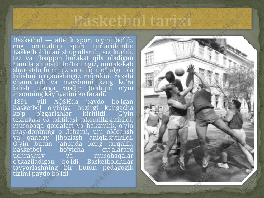 'yinchisi o'rtasida to'pni tashlab, o'yinga kiritishga aytiladi. jarima to’pi tashlash — to'pni savatga tashlash paytida uni to'xtatib qolish maqsadida raqib tomonidan yoi qo'yilgan xato uchun belgilanadi va u jarima tashlash chizigmdan bajariladi. basketbol atamalari o'yinga kiritish – to’p maydon tashqarisiga chiqqanda uni yana o'yinga kiritish bo'lib, yon chiziqdan uzatish bilan yoki to'p savatga tushgandan so'ng, himoyachi tomonidan yuza chizig'idan bajariladi. to'pni olib yurish — o'yinchining to'p bilan harakatlanishi, uni polga ikki qo'lda navbat bilan urib yurishi. shuningdek, to'pni olib yuruvchi driblingchi o'yinchi deb ham ataladi. basketbolda to'pni biryo'la ikki qo'llab olib yurish xato hisoblanadi. taktik sxemada olib yurish to'lqinsimon chiziqcha bilan belgilanadi. to'siq (zaslon) — raqibga, uning eng qulay pozitsiya yoki to'pni olish uchun chiqishigh imkoniyat yaratishga qarshi faoliyat. qo'shaloq to'siq — bu o'z sherigi uchun ikki o'yinchi tomonidan qo'yilgan zaslondir. himoya — raqibning shiddatli hujumiga qarshi tashkil qilingan faoliyat, ya'ni o'z savatiga to'p tashlashga yo'l qo'ymaslikka in-tilish. himoyaning quyidagi …