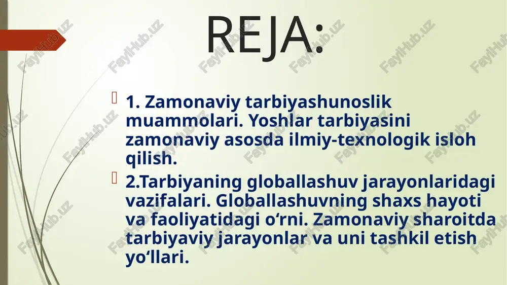 uhbatlashishning kamligi; – farzand tarbiyasining o‘z holiga tashlab qo‘yilishi, uning ichki dunyosiga kirib bormaslik, kelajak rejalari bilan qiziqmaslik va hayotga to‘g‘ri yo‘naltirmaslik; – ota-onalarda turli yoshlarda oilada farzand tarbiyasiga doir rejalar, bilimlar va amaliy ko‘nikmalarning yetishmasligi. globallashuv (globalizatsiya) lotincha “glob” so’zidan olingan bo’lib, dumaloqlashuv, quralashuv degan ma’noni bildiradi. globallashuv turli mamlakatlar iqtisodi, madaniyati, ma’naviyati, odamlari o’rtasidagi o’zaro ta’sir va bog’liqlikning kuchayishidir. globallashuv tushunchasi va uning franzuz tadqiqotchisi b.bondining ta’rifidagi 3 o’lchovli izohi 1. globallashuv-mutassil davom etadigan jarayon globallashuv jahonning gomogenlashuvi (bir jinsli) va universallashuv jarayoni globallashuv milliy chegaralarning yuvilib ketish jarayoni tahdidlar 1.ichki tahdidlar 2.tashqi tahdidlar ichki tahdidlarning ko’rinishlari -yonidagilarni mensimaslik; -vatandoshlarning hayotiga xiyonat qilish; -”ma’naviy emigratsiya” ( baxtni o’z vatanidan emas, o’zga joylardan izlash; -odamlarni boy-kambag’alga bo’lib muomala qilish; -nosog’lom mahalliychilik; ichki tahdidlarning ko’rinishlari -poraxo’rlik; -korrupsiya; -millatchilik; -befarqlik; -loqaydlik; -o’zligini anglamaslik -merkantilizm (ishlab chiqarishni rivojlantirish emas, balki pul jamg’arish, chetga ko’proq mol sotish yoki mol-dunyoga hirs qo’yish. ichki tahdidlarning …