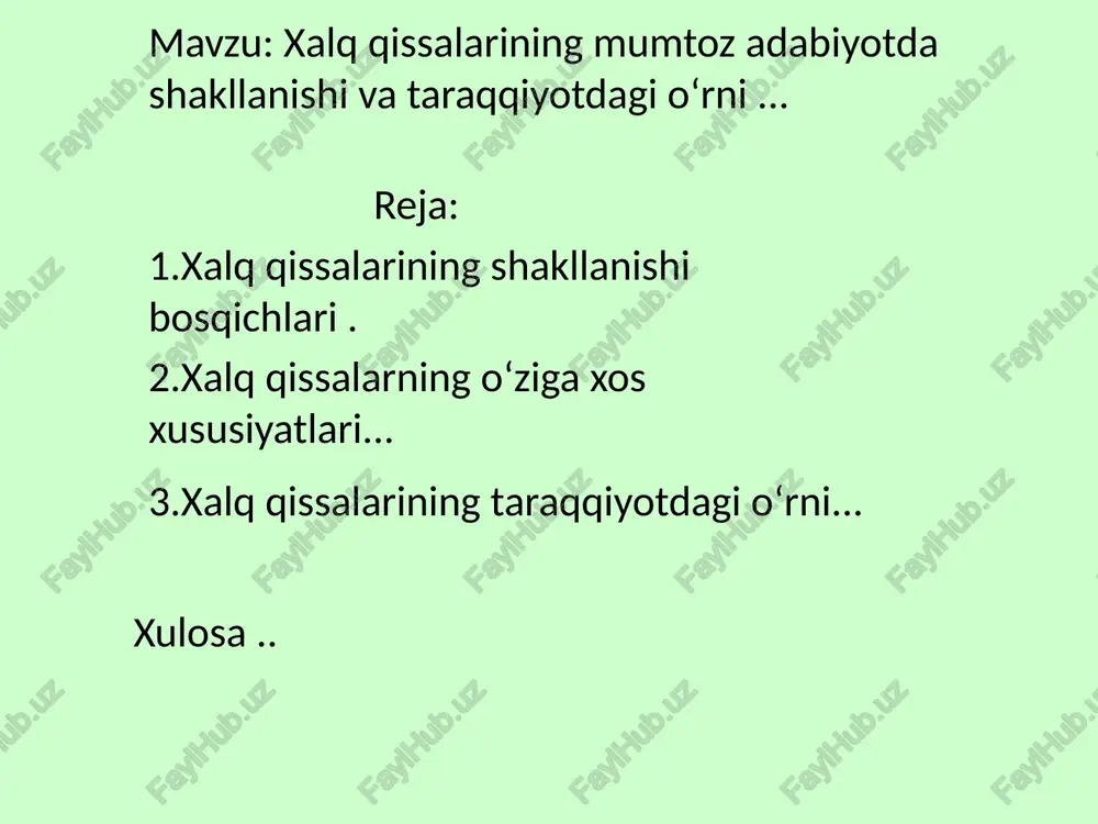 avr (janrning rivoji va yangilanishi) bugungi kunda xalq qissalari matbuot, televideniye va internet orqali keng tarqalmoqda. bu esa ularni zamonaviy talab va estetik me’yorlarga moslashtirishni taqozo etadi. zamonaviy yozuvchilar xalq qissalari asosida yangi asarlar yaratmoqdalar. xalq qissalari xalq og‘zaki ijodining alohida janri bo‘lib, o‘ziga xos uslubiy, badiiy va mavzuli xususiyatlarga ega. ular xalqning tarixiy xotirasi, ma’naviy dunyosi va tasavvurlarini aks ettiruvchi janr sifatida bir qator o‘ziga xos xususiyatlarga ega. xalq qissalari xalq og‘zaki ijodining alohida janri bo‘lib, o‘ziga xos uslubiy, badiiy va mavzuli xususiyatlarga ega. ular xalqning tarixiy xotirasi, ma’naviy dunyosi va tasavvurlarini aks ettiruvchi janr sifatida bir qator o‘ziga xos xususiyatlarga ega. 1. og‘zaki ijodga mansubligi xalq qissalari avvalo og‘zaki shaklda yaratilgan va avloddan-avlodga og‘zaki tarzda yetkazilgan. bu ularning xalq og‘zaki ijodiga xos bo‘lgan o‘zgaruvchanlik va ijodiy qayta ishlanish xususiyatini belgilaydi. har bir aytuvchi qissani o‘z uslubida boyitgan yoki qisqartirgan. 2. kollektiv ijod mahsuli xalq qissalari bir ijodkorga emas, …