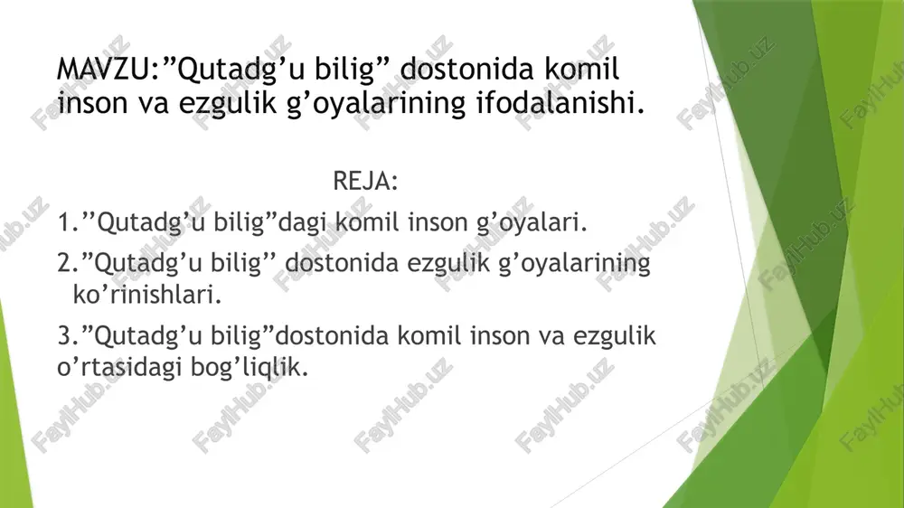 likni saqlaydi. komil inson g'oyalari ijtimoiy munosabatlar va hamkorlikni kuchaytiradi, odamlar orasida hurmat va hamdardlikni oshiradi, jamiyatda tinchlikni saqlaydi. tarixiy kontekstda, bu obrazlar o'rta osiyo madaniyatining yuksak darajasini namoyon etadi. yusup va zulaika obrazlari insoniyatning ma'naviy qiyofasini ochib beradi va ularning hikoyalari, ezgulik va rahm-shafqat g'oyalarini ifodalaydi. komil inson axloqiy qadriyatlar asosida tarbiyalanadi, bunda ezgulik va adolat muhim o'rin tutadi. ular insonning boshqalarga bo'lgan munosabatlarini belgilaydi va jamiyatda tinchlik va adolatni ta'minlaydi. o'z-o'zini tarbiyalash jarayoni, shaxsning o'zini rivojlantirish va axloqiy qadriyatlarni mustahkamlash uchun zarurdir. bu jarayon insonning o'z fikrini, his-tuyg'ularini va harakatlarini nazorat qilishga yordam beradi. bundan tashqari, mehr-shafqat, sabr-toqat, halollik va vatanparvarlik kabi qadriyatlar ham muhim ahamiyatga ega. ular insonni yanada mukammal qilib tarbiyalaydi va jamoatchilikda izzat-hurmatni oshiradi. qutadg'u biligda komil inson ijtimoiy hayotda muhim o'rin tutadi. u, axloqiy qadriyatlarni o'zida mujassam etib, atrofidagi insonlarga o'zining yaxshi xulqi bilan ta'sir qiladi. boshqalar bilan munosabatlarda, komil inson do'stlik, sadoqat va …