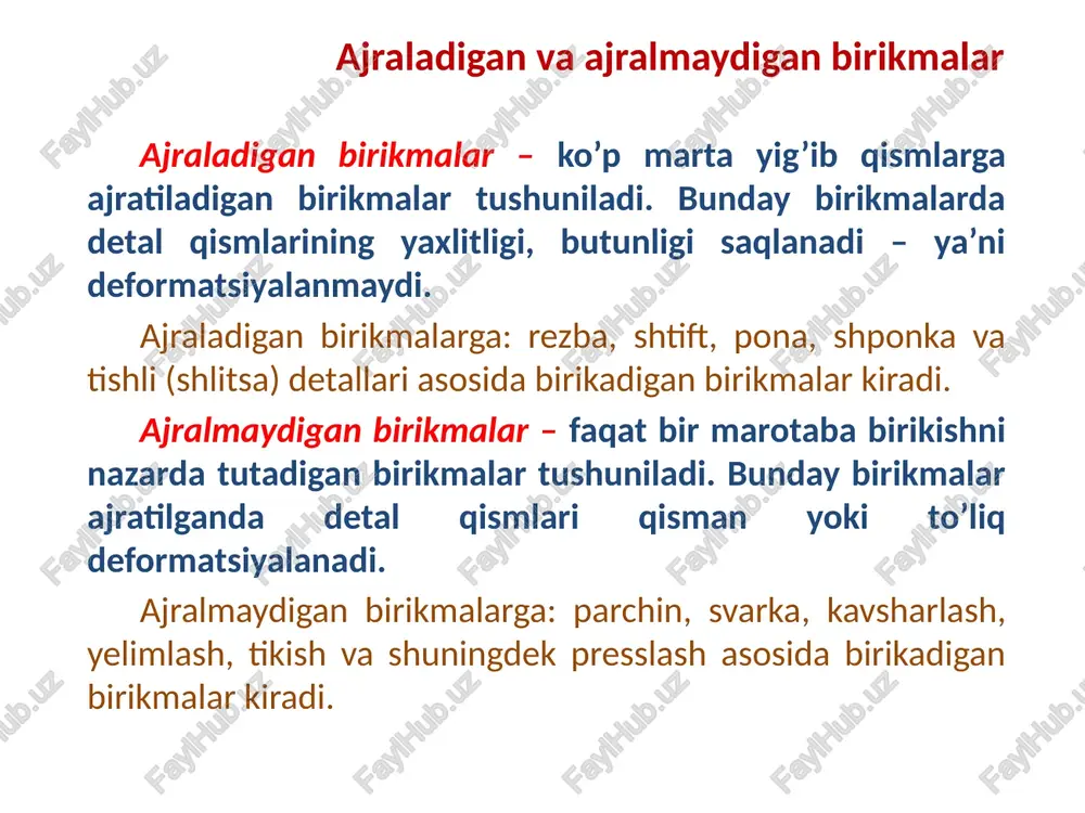 k metrik duyimli (trubalarda) profiliga qarab o’ramlar soniga qarab yo’nalishiga qarab sirt shakliga qarab sirt ko’rinishiga qarab to’g’ri burchakli rezba uchburchak rezba yumaloq rezba trapetsiodal rezba tayanch rezba rezba profili rezbani chizmada tasvirlanishi (gost 2.311-68) rezbani hosil bo’lishi rezbani chizmada tasvirlanishi (gost 2.311-68) rezbani hosil bo’lishi rezbani chizmada tasvirlanishi (gost 2.311-68) rezbani hosil bo’lishi silindrik tashqi silindrik ichki rezba qirqimda rezbani chizmada tasvirlanishi (gost 2.311-68) konussimon tashqi konussimon ichki rezbani chizmada tasvirlanishi (gost 2.311-68) rezbali birikmalar (bolt, gayka) rezbali birikmalar (bolt) 19 rezbali birikmalar (gayka) boltli birikma rezbali birikmalar (shpilka va shpilkali birikma) rezbali birikmalar (shpilka va shpilkali birikma) rezbali birikmalar (shuruplar) rezbali birikmalar (vintlar) rezbali birikmalar (vintli birikma) e’tiboringiz uchun rahmat! image7.jpeg image8.jpeg image9.png image10.png image11.png image12.png image13.png image14.jpeg image15.png image16.jpeg image17.png image18.png image19.jpeg image20.png image21.png image22.png image23.png image24.png image25.png image33.png image34.png image35.png image26.png image27.png image28.png image29.png image30.png image31.png image32.png image36.jpeg image37.png image38.png image39.jpeg image40.jpeg image41.jpeg image42.png image43.jpeg image44.png …