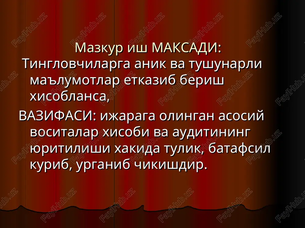ek moliyaviy ijaraga kuyidagi vaziyatlar xam boglik: ijaraga berilgan aktiv spetsifik xarakterga ega bulib, fakat ijaraga oluvchi tomonidan ishlatilishga mos kelishi. ijaraga oluvchi ijara munosabatlarining tuxtatilishi yuzasidan ruyobga chikadigan zararlarni koplab beradi. mulk koldik kiymatining tebranishi yuzasidan kelib chikadigan zarar va foyda ijara oluvchi buyniga tushadi. keyingi davr uchun ijara mulki bozor narxiga nisbatan past bulishi. ijara oluvchida moliyaviy lizing: moliyaviy ijaraga olingan aktivni ijaraga oluvchi bozor narxida yoki keltirilgan lizing tulovlari buyicha kaysi biri arzon bulsa shu narxda majburiyat xamda aktiv sifatida kursatadi. yangi uzgartirishlarga kura barcha tugri xarajatlar bevosita ijara olingan mulk kiymatiga kushiladi. joriy minimal tulovlarini xisoblashda ijara buyicha belgilangan muayyan foiz stavkalardan, agar ularni xisoblash kiyin bulsa, u xolda zaem kapitalining usib boruvchi foiz stavksidan foydalanish ma'kul. ijara buyicha bir yil yoki bir xisobot davrida tulanishi kerak bulgan summa kiska muddatli majburiyat deb aks ettiriladi. ijara tulovlari moliyaviy xarajatlardan (foiz xarajatlaridan) iborat bulib, ularni tulanishi majburiyatlarni …