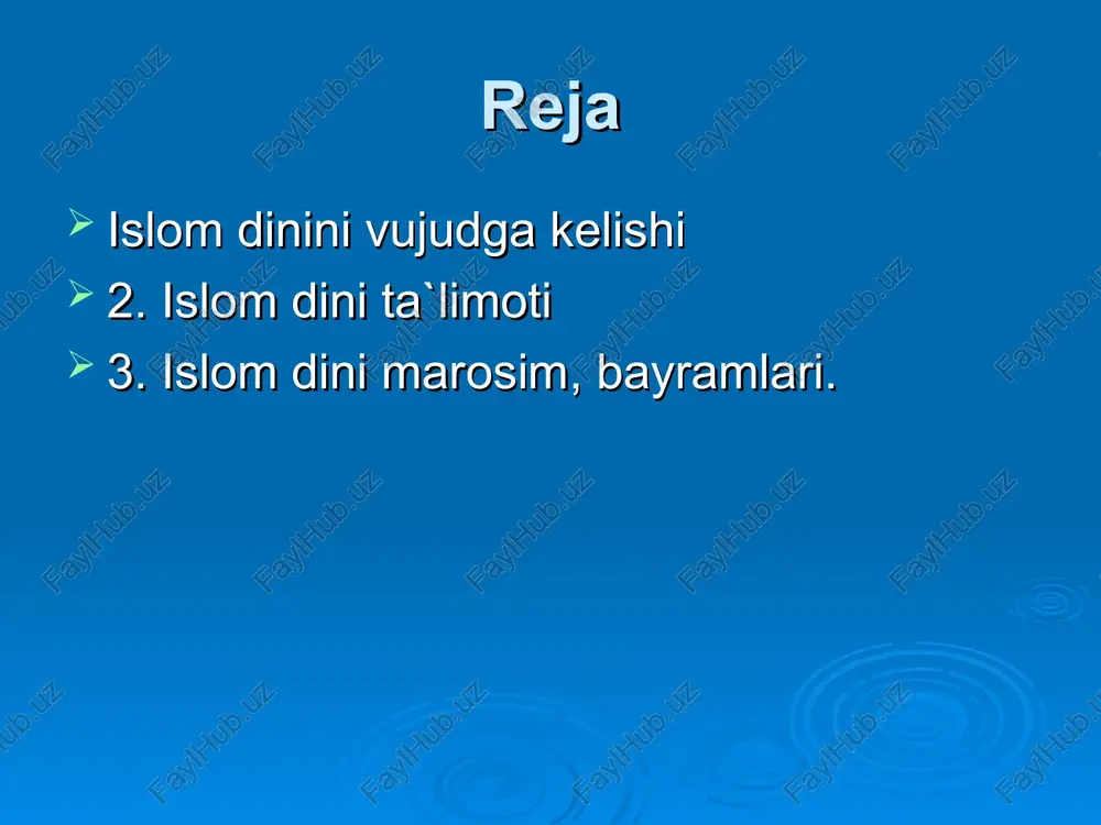 oxim o'g'illari moriyadan tug'ilgan edi. 40 yoshlarida 610 yili dastlabki payg'ambarlik vahiysi keldi. 622 yili 20 sentyabrda makkadan madinaga hijrat kildilar. 630 yili makka qayta egallanib butun arabiston yarim orolida islom davlati qaror topdi. 632 yil 8 iyunda payg'ambar vafot etdilar. xiro g'ori payg'ambar me'rojlari qur'oni karimda: «ey muxammad biz sizni shak-shubxasiz, barcha odamlarga mo`minlarga jannat haqida xushxabar eltuvchi, kofirlarni esa do`zax azobidan ogohlantiruvchi bo`lgan xalqingizdan, payg`ambar qilib yubordik» (quro'ni karim sabo surasi 68 oyat). islom» so`zi quyidagi ma'nolarni anglatadi. itoat va bo`ysunish. ixlos va turli ofatlardan salomat bo`lish. sulh va omonlik. islom ta'limotini asosini iymon, islom, ehson tashkil etadi iymon 7 aqidaga asoslanadi: 1.allohga 2.farishtalarga 3.muqaddas kitoblarga 4.payg`ambarlarga 5.oxiratga 6.taqdirga 7.o`lgandan keyin tirilishga ishonishdir. islom ta`limotidagi asosiy 7 aqidaning alloh taolo va muhammadga ishonish qismi islomda iymon deb ham ataladi, ya`ni allohdan o`ziga o`zga iloh yo`q, muhammad uning bandasi va rasuli (paygambari), deb shohidlik berishi tushuniladi. barcha 7 aqida …