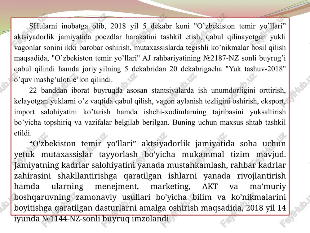 ishdagina emas, balki ko’rsatilajak xizmatlarda, yo’lovchilar uchun yaratilayotgan qulayliklarda xam yaqqol namoyon bo’ldi. vokzalning umumiy maydoni 9,2 gektar bo’lib, 650 metrlik 3 ta perronga ega. hududdagi diametri 14 metrlik ikkita zamonaviy zamonaviy favvora yozning oftobli kunlarida mo’’tadillikni ta’minlashga xizmat qiladi temir yo’l odatda, katta maydonni egallab, uning o’lchami mdhning umumiy temir yo’l tizimidagi tutgan ahamiyatiga, shaharning transport tarmog’iga bo’lgan talabiga bog’liq. temir yo’l tarmog’i, temir yo’llarning umumiy tizimidagi ahamiyatidan kelib chiqib, uning turidan, yuk tashish o’lchami va jadalligiga qarab 4 ta kategoriyaga bo’linadi. 1. davlatlararo aloqani ta’minlaydigan temir yo’l magistrali. tezligi: a) 120km/s dan ortiq; b) 120 km/s gacha. yo’lning yuqori bo’ylama qiyaligi 15 %. 2. davlat ichkarisidagi tumanlararo aloqani ta’minlovchi temir yo’l tarmog’i. yo’lning yuqori bo’ylama qiyaligi 15 %. 3. mahalliy ahamiyatdagi temir yo’l tarmog’i. yo’lning yuqori bo’ylama qiyaligi 20 %. 4. stantsiyalarga kiruvchi va bog’lovchi yo’llar. yo’lning yuqori bo’ylama qiyaligi 20 %. er polotnosining kengligi i- kategoriyali yo’llar …