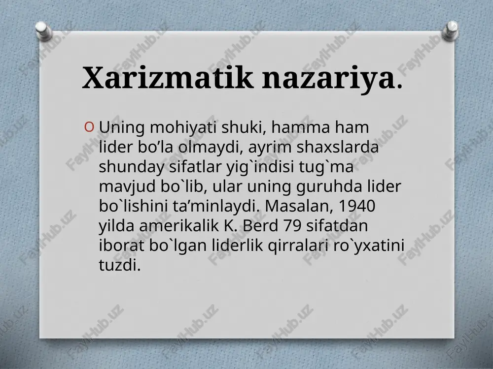 ylovlar oqibatida sodir bo`ladigan hodisadir; 4) liderlik rahbarlikka nisbatan vaqtinchalik hodisa bo`lib, guruh a’zolarining kutishlari, ularning kayfiyatlari, faoliyat yo’nalishiga qarab, uzoqroq muddatda yoki qisqa muddatda ro`y beradi; 5) rahbarning liderdan farqi yana shundaki, u liderda yo`q bo`lgan jazolash va ragbatlantirish tizimiga ega bo`lib, shu asosda o`z xodimlariga ta’sirini o`tkazishi mumkin; 6) lider guruhda u yoki bu qarorlar, ko`rsatmalar, tashabbuslarni o`z ixtiyoricha, bevosita chiqarishi mumkin, rahbarda esa bu yo`nalishda ko`plab rasmiy ko`rsatmalar, rejalar, normalar, buyruqlar mavjudki, ular doirasidan chiqib ketishi kiyin; 7) liderning faoliyati faqat kichik guruhlar doirasida amalga oshirilsa, rahbar shu guruhdagi, kengroq ijtimoiy doiradagi, jamiyatdagi vakili bo`lganligi uchun, uning vakolatlari ham keng, faoliyat imkoniyatlari ham ortiqdir. lider lider hech qachon yolg`iz bo`lmaydi, u doimo guruh a’zolari orasida bo`ladi, u shu guruh a’zolarini u yoki bu harakatlarga chorlaydi. chunki lider guruh a’zolarining psixologiyasi, ularning kayfiyatlari, intilishlari, qiziqishlari va hokazolarni hammadan ham yaxshi biladi, ular ichida eng tashabbuskoridir. agar sinf doirasida …