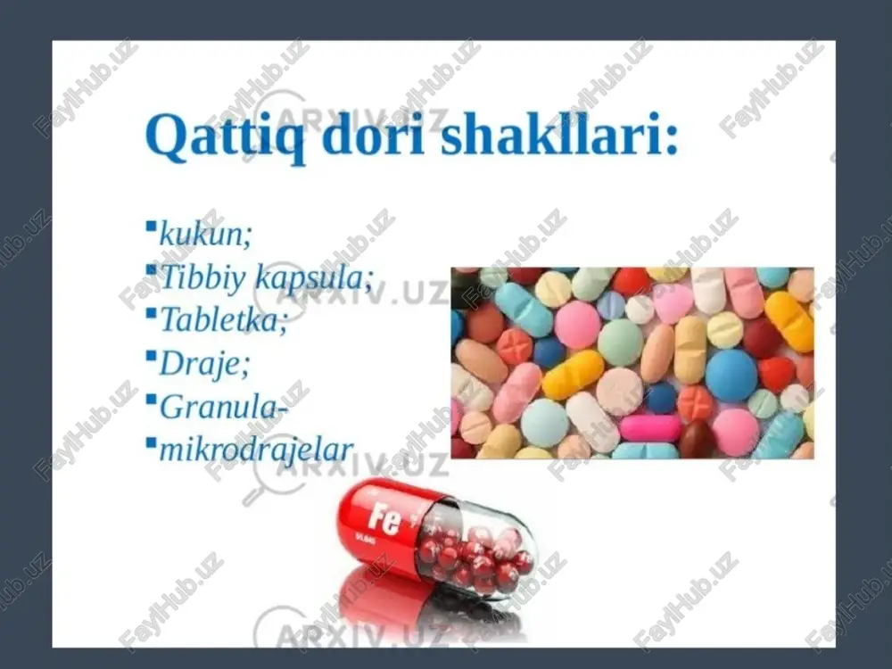 rning kontsentratsiya — miqdori ham keltirilmaydi. ofitsinal malhamlar: rux malhami (ung. zinci), sariq simob malhami (ung. hydrargirum flavum), oq simob malhami (ung. hydrargirum album), glitserin malhami (ung. glycerinum), naftalan malhami (ung. naphtalanum) kseroform malhami (ung. xeroformium). rp: ung. zinci 30,0 d. s. terining jarohatlangan qismiga surtish uchun. linimentlar — linimentum suyuq malhamlar bo'lib, ko'pgina suyuq moylar ularga asos bo'ladi: shaftoli moyi (oleum persicorum), kungaboqar moyi (oleum helianthum), paxta moyi (oleum glassinum) va boshqalar. o'simlik moylari teri orqali yaxshi so'riladi. linimentlar tana haroratida eriydigan aralashmalardir, ular malhamlar singari ofitsinal va magistral, tarkibiga qarab murakkab va oddiy bo'ladi. magistral linimentlar kengaytirilgan turda yozib beriladi, tarkibiy qismlari va ularning mikdori ko'rsatib o'tilgandan keyin — «liniment hosil bo'lishi uchun aralashtir» deb yoziladi, so'ngra signatura keltiriladi: rp: chloroformii 5,0 ol. helianthi 5,0 m . f. linimentum d. s. terining jarohatlangan qismiga surtish uchun. ofitsinal linimentlarni yozishda retsept liniment so'zidan boshlanadi, so'ngra dori moddaning nomi, miqdori …