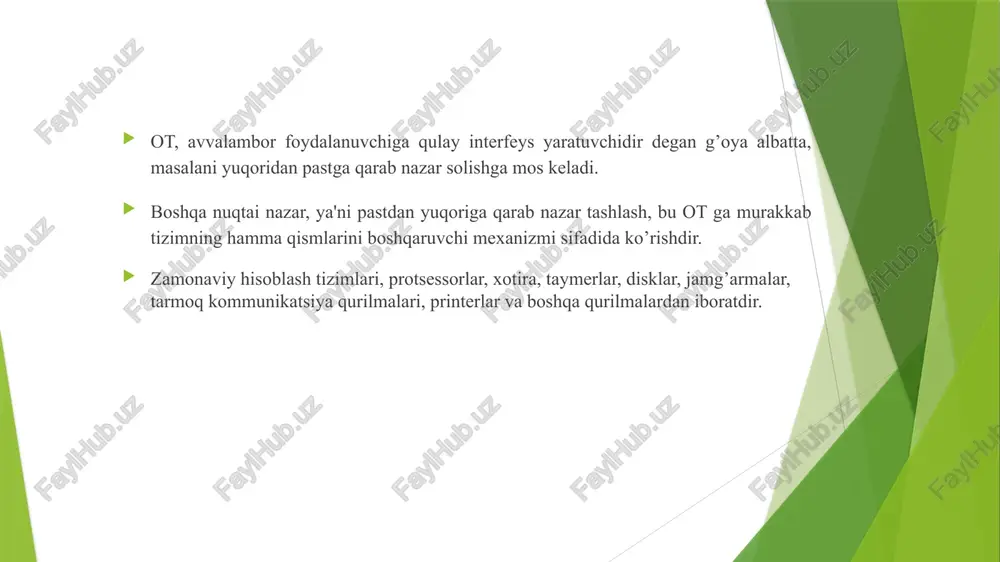 va ularga ishlov berish. ijro qilinishi kerak bo’lgan dasturlarni operativ xotiraga yuklash; xotirani boshqarish, barcha zamonaviy tizimlarda esa virtual xotirani tashkil etish; barcha dastur va ma'lumotlarni identifikatsiya qilish dasturlarni ishga tushirish (unga boshqaruvni uzatish, natijada protsessor dasturni boshqaradi) bajarilayapgan ilovalardan kelayapgan turli so’rovnomalarni qabul qilish va bajarish barcha kiritish-chiqarish amallariga xizmat qiladi fayllarni boshqarish tizimlari (fbt) ishini va/yoki ma'lumotlar bazasini boshqarish tizimlari (mbbt) ishini ta'minlash multidasturlash rejimini ta'minlash berilgan xizmat qilish distsiplinalari va strategiyalariga asosan masalalarni rejalashtirish va dispecherlashtirish arxitekturasi operatsion tizim arxitekturasi — bu ot ning ichki tuzilmasi bo‘lib, u qanday komponentlardan iboratligini va bu komponentlar o‘zaro qanday ishlashini belgilaydi. 1. monolitik arxitektura barcha ot komponentlari yagona yadroda (kernel) joylashgan. modullar orasida aniq chegaralar yo‘q. juda tez ishlaydi, lekin murakkabligi yuqori. misollar: ms-dos, linux (klassik yadrosi) 2. mikroyadro (microkernel) arxitekturasi faqat eng asosiy xizmatlar (xotirani boshqarish, protsessorni boshqarish, ip-kommunikatsiya) yadroda ishlaydi. qolgan komponentlar foydalanuvchi darajasida xizmat ko‘rsatadi. kengaytirilgan xavfsizlik …