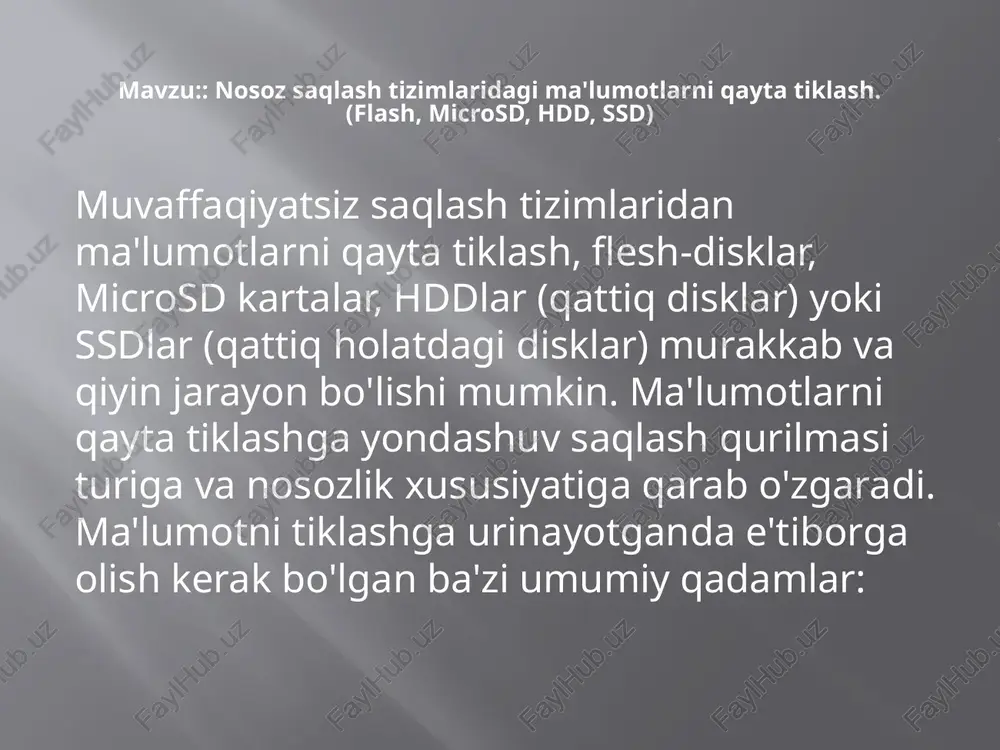 ish: birinchi navbatda ma'lumotlar yo'qotilishining oldini olish uchun ma'lumotlaringizning muntazam zahira nusxalarini olib boring. bu sizning ma'lumotlaringizni himoya qilishning eng samarali usuli. shuningdek, maʼlumotlaringizning zahira nusxalarini yoki oniy suratlarini yaratish uchun maʼlumotlarni tiklash dasturidan faol foydalanishni oʻylab koʻring. profilaktik texnik xizmat: saqlash qurilmalaringizni yaxshi holatda saqlang. nosozliklarga olib kelishi mumkin bo'lgan jismoniy zarbalardan, haddan tashqari haroratlardan va quvvatning keskin o'zgarishidan saqlaning. . hdd va ssd disklari uchun: easeus data recovery wizard, testdisk yoki recuva kabi dasturlar.flash drayvlar va microsd kartalar uchun: photorec yoki disk drill kabi asboblar.ma'lumotlarni skanerlash va tiklash uchun dasturiy ta'minot ko'rsatmalariga amal qilinadi. usb flash drive ma'lumotlarini tiklash fleshli disk bir qurilma va boshqa qurilma o'rtasida fayllarni uzatish uchun keng qo'llaniladigan qurilma bo'lib, ayniqsa, u, masalan, cho'ntak yoki ryukzakda olib yurish ancha oson bo'lgan kichik ob'ekt bo'lgani uchun. agar u tushib ketgan, buzilgan, buzilgan ma'lumotlar, tasodifan formatlangan, virus hujumiga uchragan, platani yoqib yuborgan yoki boshqa muammolarga duch …