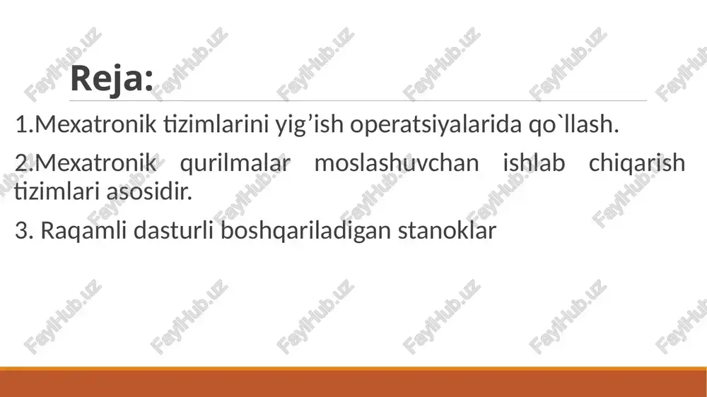 zini 1. mexatronik tizimlarini yig’ish operatsiyalarida qo`llash bunday komponovkalash texnologik jihozlarda detallarga ishlov berishning kichik davrli jarayonlari uchun qo`llaniladi (birlik detallar, 10 soniyali). bunda misol qilib sovuq yupqa listli shtampovkalashni aytish mumkin. texnologik jihozlarda ko`proq ishlov berish vaqti talab qilinadigan jarayonlar uchun boshqa turda tashkil etilgan komplekslar ishlatiladi, bunda bitta sr bir nechta texnologik jihozga xizmat ko`rsatadi. 4.3-rasmda xuddi shunday kompleslardan biri ko`rsatilgan. bunda 3 ta texnologik jihoz doira shakli bo`ylab joylashtirilgan bo`lib, ularga oraslarida turgan faqat 1 ta sr xizmat ko`rsatadi. 1. mexatronik tizimlarini yig’ish operatsiyalarida qo`llash 4.3-rasm. detallarga mexanik ishlov berishning doiraviy komponovkalangan robotlashtirilgan texnologik tizim sxemasi 1. mexatronik tizimlarini yig’ish operatsiyalarida qo`llash mtlarning rivojlanishi natijasida srlarning asosiy texnologik jarayonlarda qo`llash ulushi ham ortib bormoqda. bunda kapital xarajat ko`proq bo`lsa ham, baribir ishchi o`rinlari bo`shalishi va ish sifatining oshishi natijasida samaradorlik oshadi. bundan tashqari, inson uchun zararli bo`lgan operatsiyalarni (bo`yash, payvandlash va h.k.) larni, hamda monoton operatsiyalarni (konveyerda …