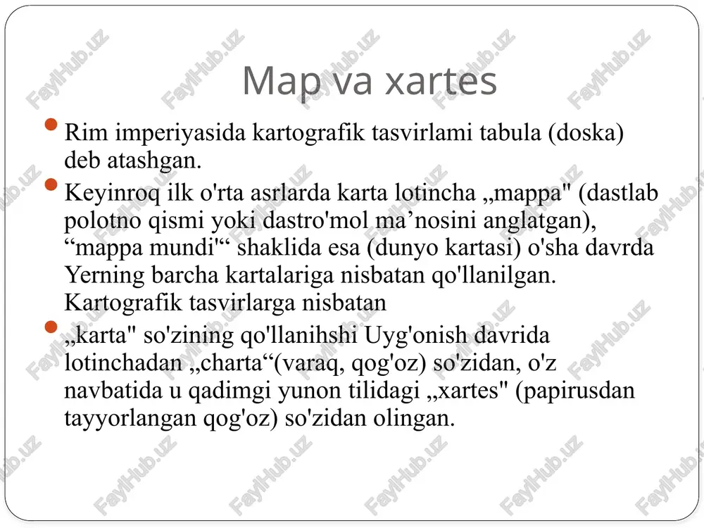 . tarixiy kartalar qadimgi madaniyat o'choqlari, davlatlar, ijtimoiy harakatlar, savdo yo'llari va hokazolami ko'rsatishga xizmat qiladi. dastlab tarixiy kartalar abraxam orteliyning „qadimgi dunyo geografiyasi atlasi" (1579 yil)ga kiritilgan. bugun tarixiy kartografiya tarixiy kartografiya — ilmiy fan bo'lib, u asosan tarixiy kartalar va atlaslami tuzish, ulaming uslubiyatini ishlab chiqish bilan shug'ullanadi. image2.jpeg image3.jpeg /docprops/thumbnail.jpeg tarixiy kartografiyaning shakllanishi vataraqqiyoti. 1 tiny aina-valamaatts 20 shekspslarnpatha fiat 5 antiedaw aualidacns oma onvon daie ixogaikeaante