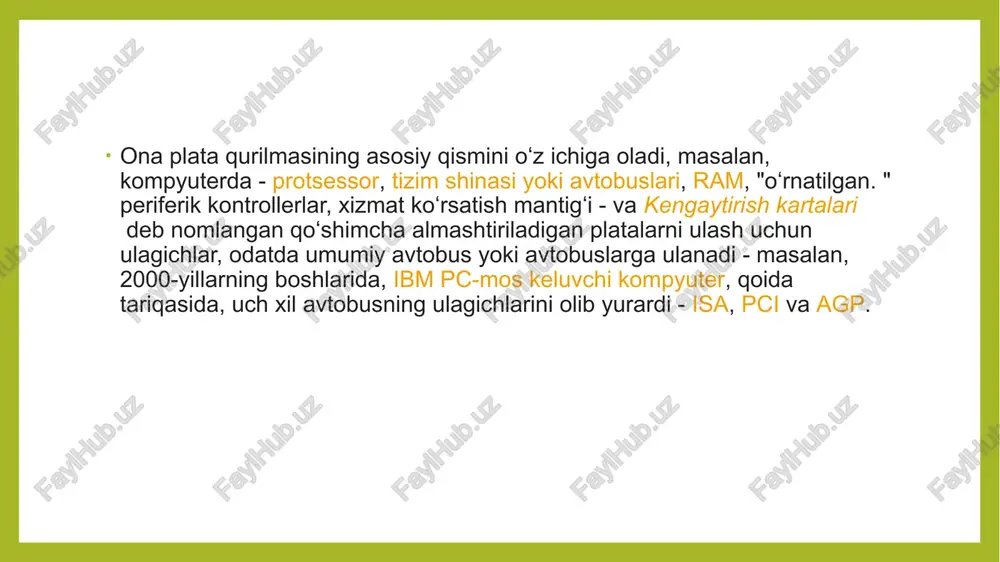 n yuzaga oʻrnatiladigan. bunday modullar standart komponentni amalga oshirdi - masalan, trigger - va standart konnektorlardan foydalandi, ular orqa panel ga oʻrnatildi, ularning ulagichlari ulangan wrap-wrap. tel oʻrash va ayniqsa sirtga oʻrnatiladigan simlar juda tez bosma bilan almashtirildi, uni ishlab chiqarish ancha arzon va avtomatlashtirish osonroq edi, 60-yillarning boshlarida bosilgan elektron platalardan foydalanish umumiy qabul qilindi. . biroq, aksariyat elektron qurilmalar nafaqat kompyuterlar, balki analog tizimlar, aloqa va boshqaruv uskunalari va boshqalar. hali ham koʻplab taxtalar boʻylab tarqalgan juda koʻp diskret komponentlardan iborat edi. protsessor mini-kompyuter stend savatiga oʻrnatilgan va tizim shinasi ni tashuvchi orqa panel orqali ulangan oʻnlab yoki ikki xil platalardan iborat boʻlishi mumkin. boshqa qurilmalar ham alohida savatni egallashi yoki zamonaviy kengaytirish kartalari kabi protsessor bilan umumiy biriga oʻrnatilishi mumkin. “ana plata” va “kengaytma platalari” tushunchasi 70-yillarning oxirlarida, mikroprotsessorlarlarning tarqalishi ixcham bir platali kompyuterlarni yaratish imkonini bergan paytda shakllana boshladi. ushbu turdagi mashinalarda cpu, xotira va tashqi …