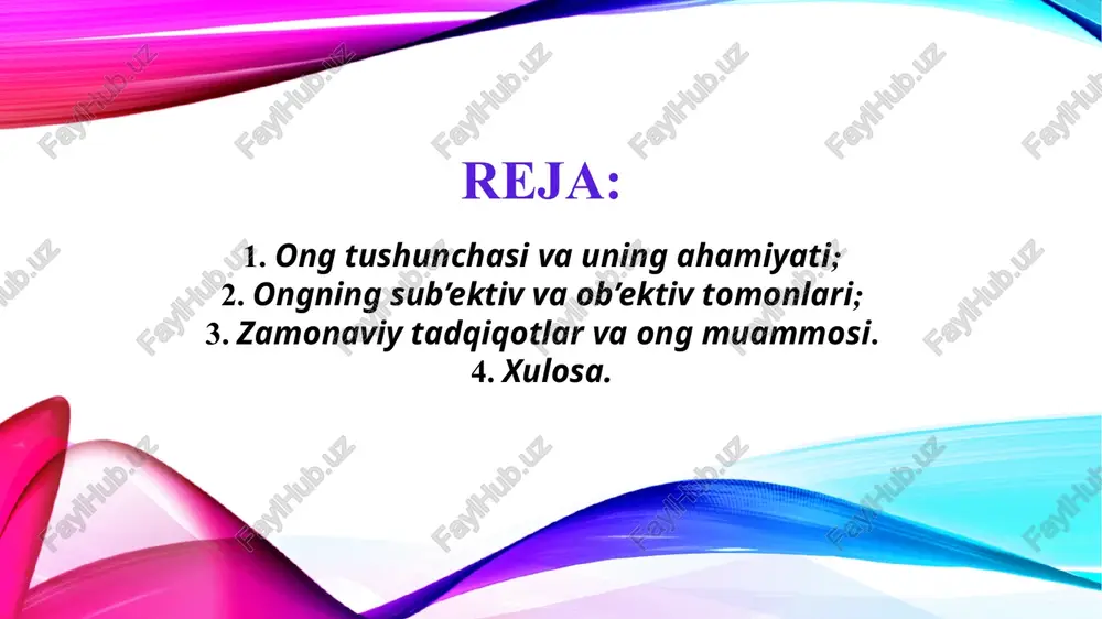 uchun ongni o‘rganishda sub’ektiv tajriba bilan tashqi voqelik o‘rtasidagi aloqalar tahlil qilinadi. falsafa tarixida ong muammosiga alohida e'tibor bergan buyuk olim va faylasuflar bor. masalan, rene dekart ongni «men o‘ylayman, demakman» (cogito, ergo sum) degan mashhur iborasi bilan inson mavjudligining asosiy belgilari deb bilgan. uning fikricha, ong jismoniy tanadan mustaqil, ruhiy va tafakkur qiluvchi mavjudotdir. david hyum va boshqa empiristlar esa ongni tajriba va hissiyotlarning yig‘indisi sifatida ko‘rganlar. ularning nazarida ong mustaqil mavjudot emas, balki hissiy tajriba asosida shakllanadigan jarayon. xx asrda falsafa va psixologiya sohalarida ongga yangicha yondashuvlar paydo bo‘ldi. fenomenologiya oqimi (edmund husserl) ongni shaxsning dunyoni to‘g‘ridan-to‘g‘ri tajriba qilishi, sub’ektiv tajriba markazida turgan hodisa sifatida ko‘radi. shu bilan birga, analitik falsafada ong tili va mantiq bilan bog‘liq tahlillar olib boriladi. bugungi kunda ong muammosi falsafa bilan birga neyropsixologiya, kognitiv fanlar, sun’iy intellekt kabi sohalarda ham faol o‘rganilmoqda. bu ilmiy yondashuvlar ongning biologik asoslarini, uning qanday shakllanishi va ishlashini …