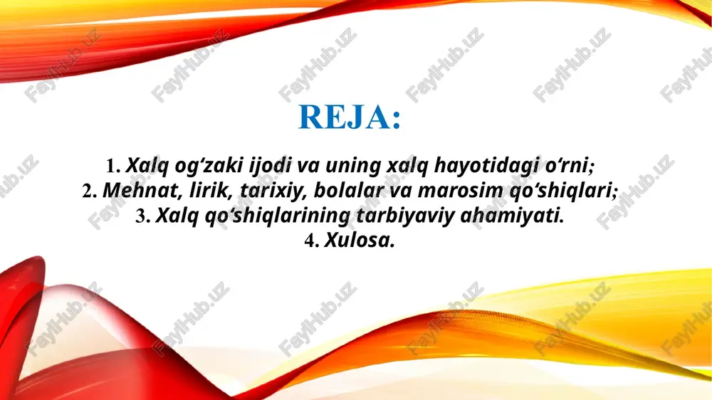 katta bo‘lgan avlodda bunday xislatlar mustahkam shakllanadi. xalq qo‘shiqlari — milliy o‘zlikni anglash vositasi xalq qo‘shiqlari xalqning tarixiy xotirasini, milliy ongini va madaniy merosini asrab qolgan. bugun yosh avlodni vatanparvar, ma’naviyatli, iymonli qilib tarbiyalashda xalq ijodiy merosi, ayniqsa xalq qo‘shiqlari katta ahamiyat kasb etmoqda. ular milliy o‘zlikni anglash, o‘z tili, dini, urf-odatlari bilan faxrlanish hissini kuchaytiradi. xalq qo‘shiqlari – bu nafaqat musiqiy asar, balki ma’naviy saboq, axloqiy maktab, tarbiyaviy manba hisoblanadi. ular orqali xalq o‘z donishmandligini, odob-axloq mezonlarini, ijtimoiy qadriyatlarini avloddan-avlodga yetkazib kelgan. shu sababli, xalq qo‘shiqlarini faqat san’at yoki madaniyat yodgorligi sifatida emas, balki tarbiya vositasi sifatida qadrlash, ularni bolalar va yoshlarga muntazam yetkazish dolzarb vazifalardan biridir. bugungi globallashuv jarayonida yoshlar orasida xorijiy madaniyatga qiziqish ortib borayotgani sababli, milliy qadriyatlar, shu jumladan xalq og‘zaki ijodi, xususan xalq qo‘shiqlarining ahamiyatini to‘g‘ri anglash muhim ahamiyat kasb etmoqda. bu qo‘shiqlar yoshlar qalbida o‘zlikni anglash, milliy g‘urur, ajdodlarga hurmat, ona tiliga mehr kabi …