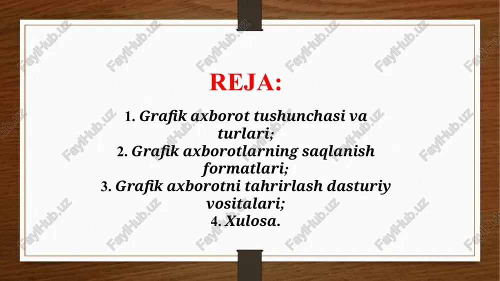 orotni vizual ko‘rinishda chiqarish quyidagi qurilmalar va vositalar orqali amalga oshiriladi: monitorlar — grafik ma’lumotlarni real vaqtda ko‘rsatish. printerlar — chizmalar, rasm va grafik hujjatlarni qog‘ozda chiqarish (ayniqsa, rangli va yuqori aniqlikdagi printerlar). plotterlar — muhandislik chizmalari va katta formatdagi grafiklar uchun ishlatiladi. proyektorlar va interaktiv doskalar — grafiklarni keng auditoriyaga ko‘rsatish imkonini beradi. grafik axborotlar bilan ishlashdagi dasturiy vositalarning o‘rni bugungi kunda grafik axborotlar nafaqat dizayn, muhandislik va reklama sohalarida, balki ta’lim, tibbiyot, geografiya, arxitektura, marketing va it sohasida ham keng qo‘llaniladi. dasturiy vositalar grafik axborotni tez va sifatli tahrirlash, vizual ta’sirchan taqdimotlar tayyorlash hamda foydalanuvchi bilan o‘zaro muloqotni soddalashtirishda muhim rol o‘ynaydi. grafik axborotlarni kiritish, tahrirlash va chiqarish texnologiyalari zamonaviy raqamli dunyoning ajralmas qismidir. ular orqali ma’lumotlarni tushunarli, estetik va samarali tarzda ifodalash mumkin. dasturiy vositalarning takomillashuvi natijasida grafik axborotlar bilan ishlash nafaqat mutaxassislar, balki keng omma uchun ham qulay va ommalashgan faoliyat turiga aylanmoqda. shuning uchun bu …