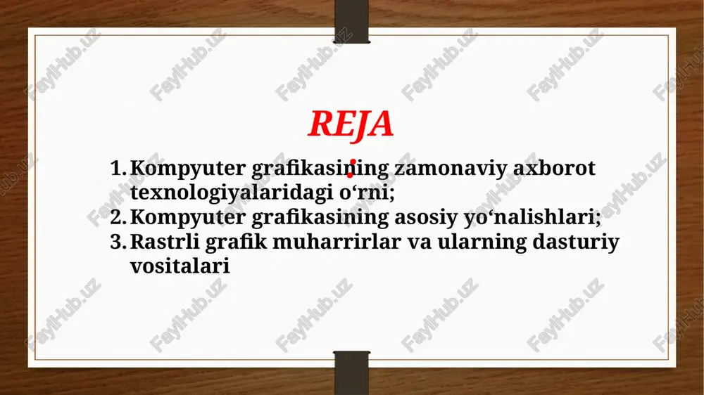 i: – rastr grafikasi real obrazlarni effektiv namoish eta oladi. sifatli rastr tasvirlari foto surat darajasidagi yuqori aniqlikda real va haqqoniy aks ettirilishi mumkin. – rastr tasvirlar chiqarish qurilmalari – asosan lazer printerlarida juda yaxshi chop etiladi. ya’ni rastr grafikasining sifati chop etishda o’zgarmaydi. kamchiliklari: – rastr tasvirlari saqlash qurilmalari (qattiq disk, sd-dvd, fleshka va h.) da ko’p joy egallaydi; – rastr tasvirlarni tahrirlashda kompyuterning xotira resurslari – xususan tezkor xotirada ko’proq joy talab etiladi; – rastr tasvirlarni tahrirlash mehnat talab va mashaqqatli; – rastr tasvir masshtablashtirilganda tasvir sifati o’zgaradi. qo’llanish sohasi: – elektron va poligrafik nashriyotlar, web dizaynda; – foto tasvirlarni tahrirlash va restavratsiya qilishda; – badiiy grafika va skaner bilan ishlashda. fraktal grafikasi fraktal grafikasi asosan matematik amallar asosida grafik kompozitsiya tuzishda qo’llaniladi. bugungi kunda videoroliklar, kliplar, videoo’yinlar yaratishda fraktal grafikasining o’rni beqiyosdir. fraktal grafikasining qo’llanish printsipi proektiv geometriyaning qonuniyatlariga asoslangan bo’lib, oddiy geometrik elementni o’ziga o’xshash akslantirishdan …