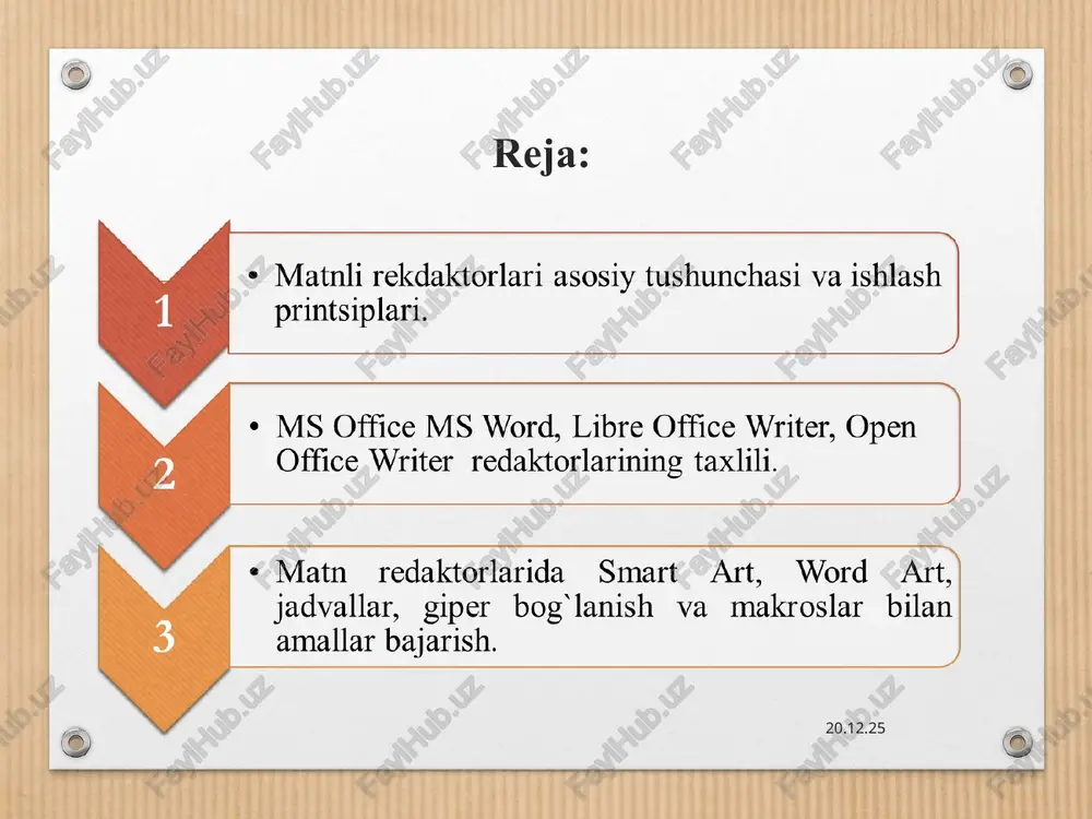 alarga raqam va boshqa ko’plab vazifalarni bajarishimiz mumkin. * tablitsa yordamida jadval qo’yish geometrik figura qoyish diagramma hosil qilish * giperssilka yordamida bog’lanish nadpis yordamida matnlar kiritish * sahifaga raqam qo’yish wordart orqali yozuvlar stilini tanlash * simvoldan foydalanish * kolontituldan foydalanish. * asboblar panelidan ushbu piktogrammani bosishimiz bilan matematik formulalardan foydalanish oynasi ishga tushadi - tayyor formulalar shabloni. * * razmetka stranitsi menyusi ushbu menyudan sahifani chetkka o’lchamlari, sahifa foni, shrift orasidagi interval, kolonka, joylashish tartibini o’zgartirishimiz mumkin. * * kolonki – yordamida matnlarni ustun ko’rinishga o’zgartirish. * * * vid menyusi. oynaning ko’rinishini sozlash uchun hizmat qiladi. * libreoffice dasturi linux operatsion tizimi uchun moslashgan dastur bo’lib, ushbu dasturda jadvallar, hujjatlar, turli xil ko’rgazmalar, rasmlar, formulalar va ma’lumotlar ba’zalari bilan ishlanadi. 2. ms office ms word, libre office writer, open office writer redaktorlarining tahlili. * jedit tip tekstoviyredaktor razrabotchik slava pestov napisana na java[1] os java-sovmestimaya[2] versiya 4.3 …