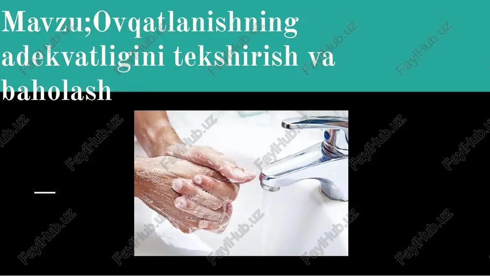 i energiya (kaloriya) va ozuqa moddalari balansi hisoblanadi. ⚠️ asosiy ovqatlanishdagi xatoliklar: 1. noto‘g‘ri muvozanatlangan ratsion — oqsil, yog‘ va uglevodlar nisbati buzilishi. 2. ortiqcha ovqatlanish — semirish, yurak-qon tomir kasalliklariga olib keladi. 3. yetarli miqdorda suv ichmaslik — buyrak faoliyatining buzilishi, teri quruqligi. 4. ovqatlanish vaqtining tartibsizligi — hazm tizimi faoliyatini izdan chiqaradi. 5. fast-fud, shirinlik va gazli ichimliklarni ko‘p iste’mol qilish — diabet va semirishga sabab bo‘ladi. 6. vitamin va minerallar yetishmasligi — immunitetning pasayishi, suyak va tish muammolari. 7. kecha ovqatlanish — ortiqcha yog‘ to‘planishi va uyqusizlikka olib keladi. 🍞 4. ovqatlanishdagi xatoliklar va ularning oqibatlari ⚡ oqibatlari: 🍔 semirish (obezlik) 💉 qandli diabet ❤️ yurak-qon tomir kasalliklari 😴 holzizlik va ish qobiliyatining pasayishi 🧠 asab tizimi buzilishi, diqqatning sustlashuvi 🩺 oziq moddalar yetishmovchiligi (avitaminoz, anemiya) 🌱 5. adekvat ovqatlanishni ta’minlash yo‘llari 🥗 1. ratsionni muvozanatlash oqsil, yog‘, uglevod, vitamin va minerallarni me’yorda qabul qilish. har bir …