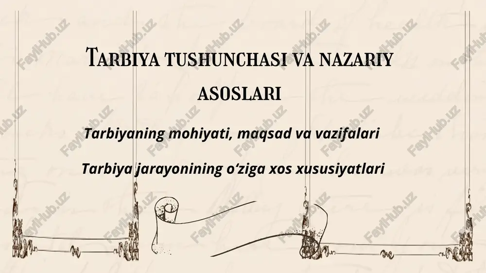 nalishini belgilab beradi. tamoyillar orqali samaradorlik oshiriladi. har bir tarbiyachi bu tamoyillarga amal qilishi zarur. abu nasr forobiy: “tarbiya — insonni baxt-saodatga eltuvchi eng asosiy yo‘ldir.” ilmiylik tamoyili tarbiya ilmiy bilimlarga asoslanishi kerak. shaxs rivoji pedagogika va psixologiya qonuniyatlariga uyg‘un bo‘ladi. ilmsiz tarbiya natijasiz qoladi. 01 izchillik va muntazamlilik tarbiya jarayoni bosqichma-bosqich kechadi. har bir bosqich keyingisini tayyorlaydi. tarbiya uzluksiz va muntazam bo‘lishi kerak. u shaxs rivojini tizimli yo‘l bilan ta’minlaydi. maqsadlilik tamoyili tarbiya aniq maqsad asosida olib boriladi. maqsad shaxs rivojini belgilaydi. maqsadsiz tarbiya tartibsiz bo‘lib qoladi. shu sababli tarbiyachi doimo maqsadni ko‘zda tutadi. hayot bilan bog‘liqlik tarbiya hayotiy tajribaga tayanishi kerak. nazariya va amaliyot uyg‘un bo‘lsa, samarasi yuqori bo‘ladi. tarbiya hayotiy muammolarni yechishda yordam beradi. shunday qilib, o‘quvchi hayotga tayyorlanadi. milliy va umuminsoniy qadriyatlar tarbiya milliy qadriyatlarga asoslanadi. shu bilan birga umuminsoniy g‘oyalar ham hisobga olinadi. bu yondashuv tarbiyani yanada boyitadi. natijada komil inson tarbiyasi ta’minlanadi. tarbiya metodlari …