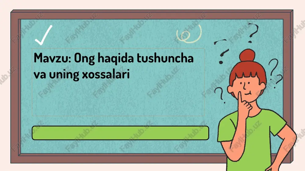 gning rivojlanishi ongning rivojlanish bosqichlari: 1. boshlang'ich bosqich - oddiy hissiyotlar va reflekslar. 2. bolalik bosqichi - til va ijtimoiy o'zaro aloqa. 3. yoshlik bosqichi - mantiqiy fikrlash va o'z-o'zini anglash. 4. kattalar bosqichi - murakkab qarorlar qabul qilish va etik masalalar. ongning evolyutsiyasi biologik va ijtimoiy omillar ta'siri ostida yuz beradi. genetik meros va muhitning ta'siri, shuningdek, ta'lim va madaniyat ong rivojlanishiga katta hissa qo'shadi. har bir bosqichda ongning xususiyatlari o'zgaradi va yanada murakkablashadi. 1 2 ongning o'zgarishi ongning o'zgarishi - psixologik jarayon bo'lib, shaxsning fikrlash, his-tuyg'u va xatti-harakatlari o'zgaradi. bu jarayon har bir inson hayotida doimiy ravishda sodir bo'ladi va ko'plab omillarga bog'liq. ongning o'zgarishiga sabab bo'luvchi omillar ta'lim, muhit, stress va shaxsiy tajribalar. bu omillar shaxsning ongini shakllantiradi. yangi bilimlar o'zlashtirilganda yoki qiyin vaziyatlarda ong o'zgarishi mumkin. ongning o'zgarishining natijalari shaxsning hissiy holatiga, qaror qabul qilish qobiliyatiga ta'sir qiladi. o'zgarishlar ijobiy yoki salbiy bo'lishi mumkin, bu esa …
